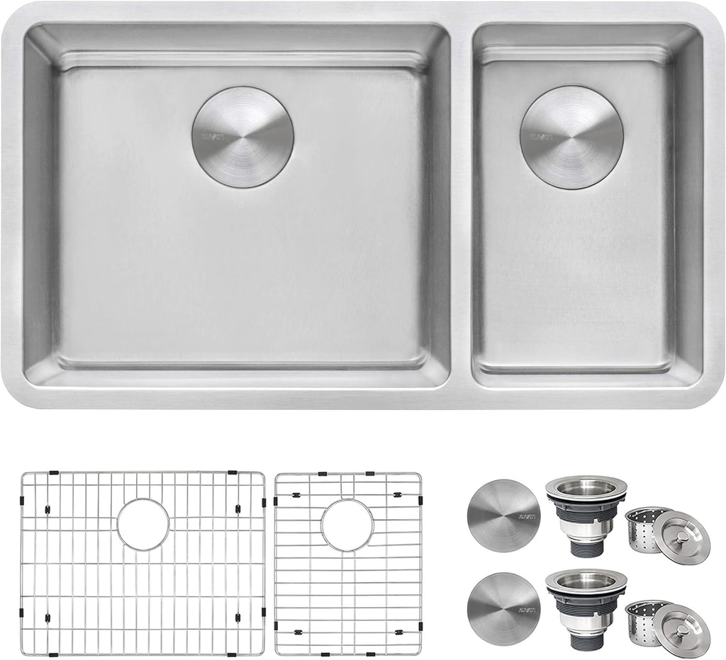 Ruvati 32-inch Undermount Kitchen Sink - 70/30 Double Bowl Kitchen Sink - 16 Gauge Stainless Steel Sinks with Brushed Finish hides scratches, Easy-to-Clean Undermount Sinks - RVM5300