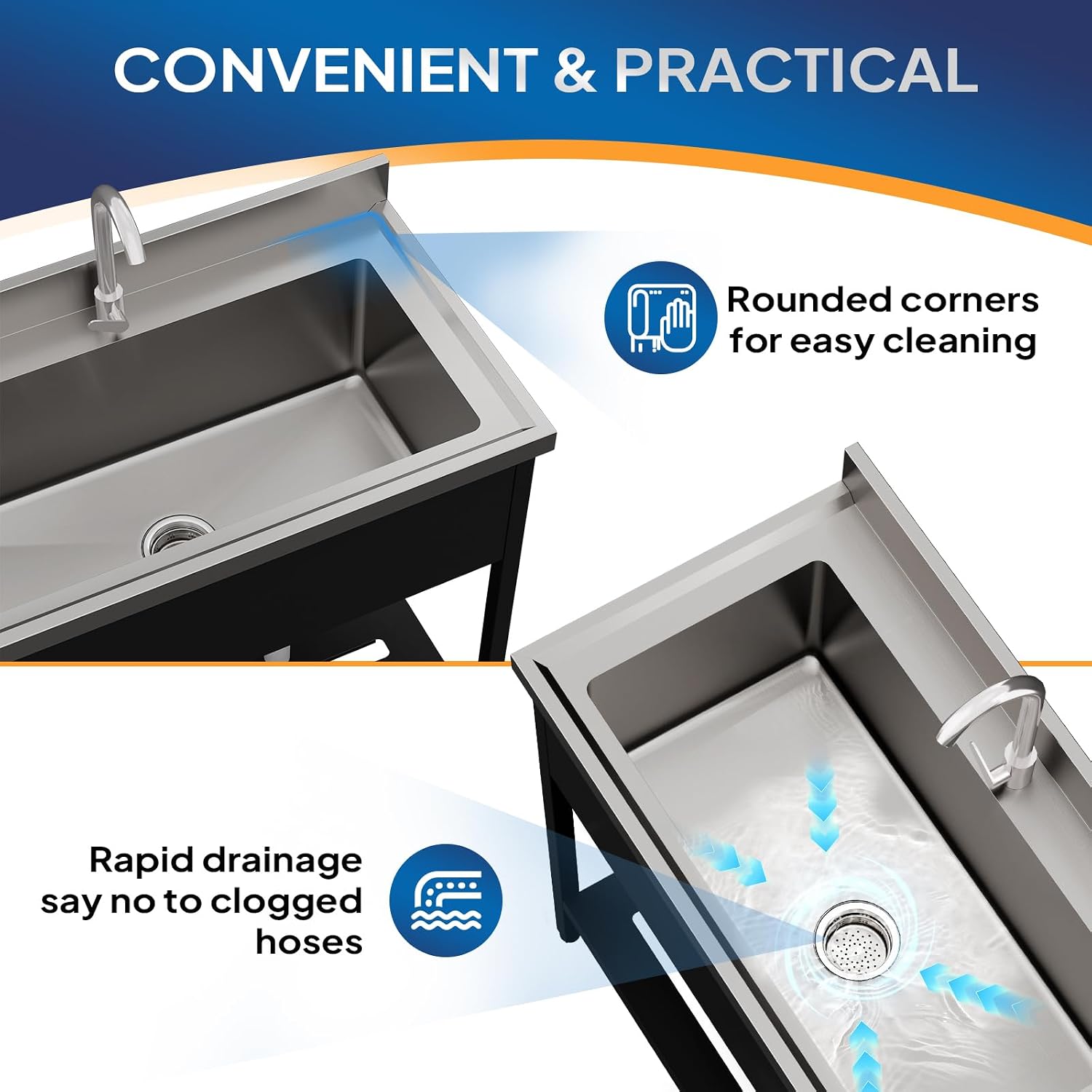 ROVSUN Stainless Steel Utility Sink, 18-gauge Free Standing with Faucet & Legs for Laundry Room, Kitchen, Restaurant, Garage, Outdoor Garden, Backyard, Industrial 20'D x 36'W x 35.5'H Black