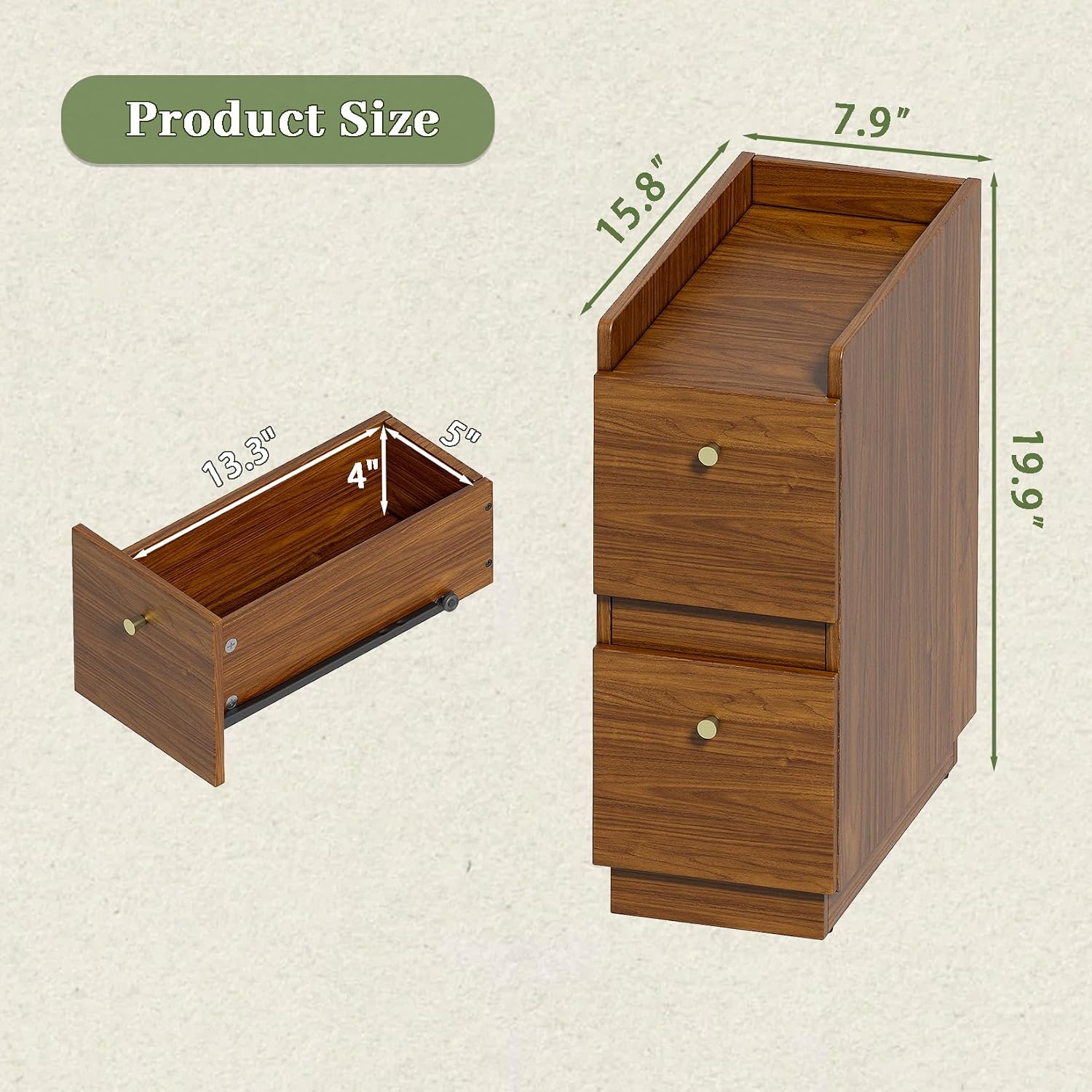 Narrow Night Stands, Modern Slim Nightstand Set of 2, Wooden Skinny Bedside Table 2 Drawers, Stackable Narrow Side Table with Drawers for Small Spaces, Bedroom, Living Room, Walnut Brown