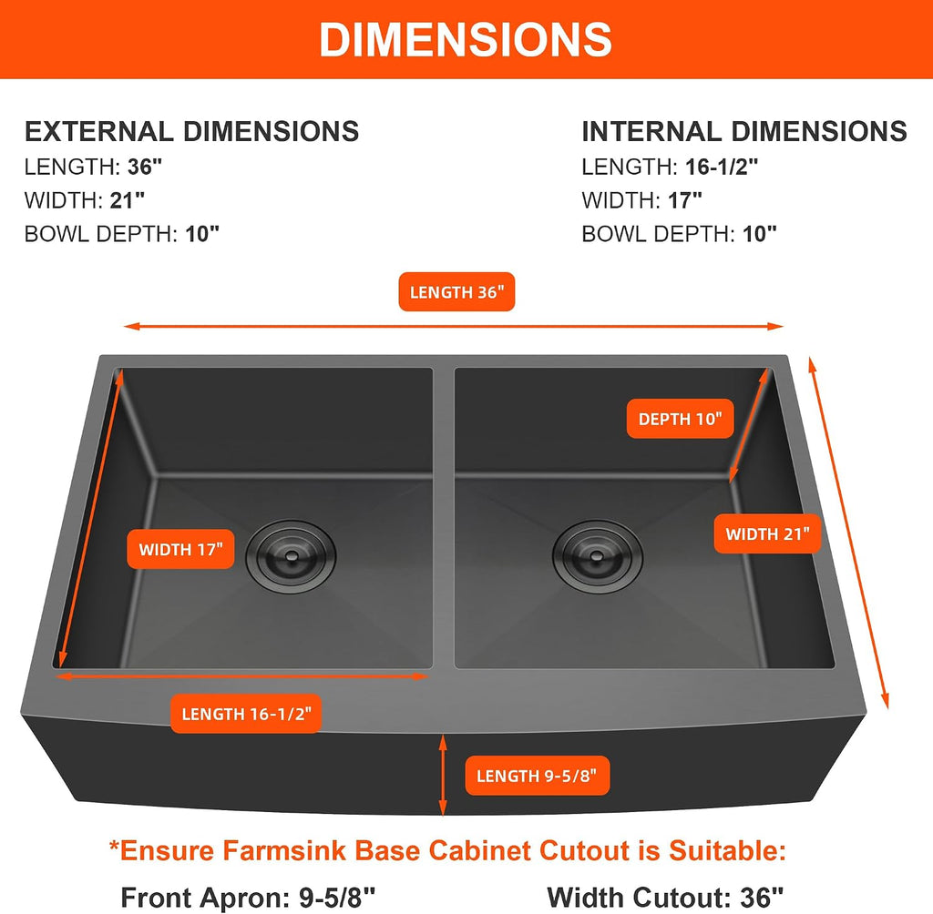 36 Inch Black Double Bowl Farmhouse Kitchen Sink, Undermount 50/50 Apron Front 16 Gauge 304 Stainless Steel Matte Black Sinks, Accessories Included, 36' x 21' x 10'