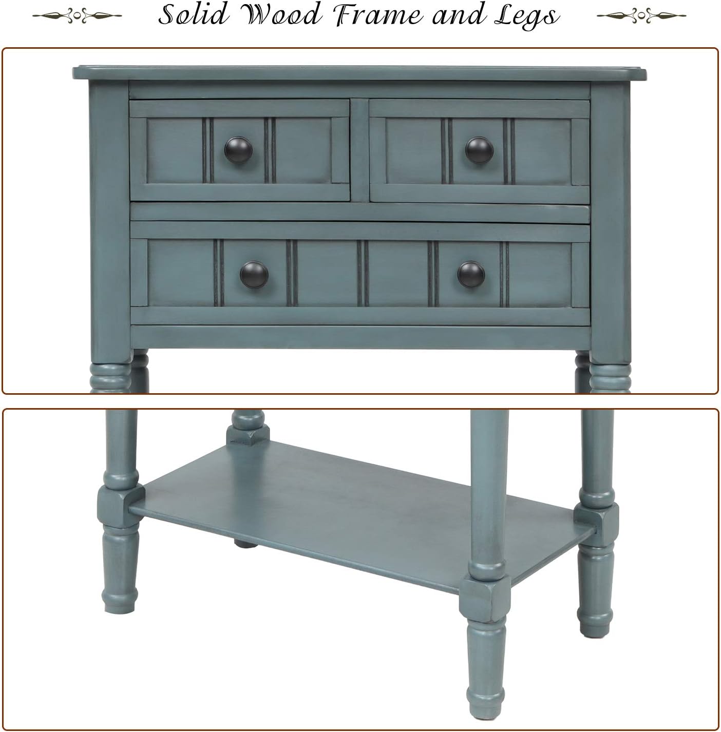 Knocbel Slim Antique Entry Console Table with Drawers & Bottom Open Shelf, Solid Wood Sofa Couch Table for Entryway Hallway Living Room (Navy)