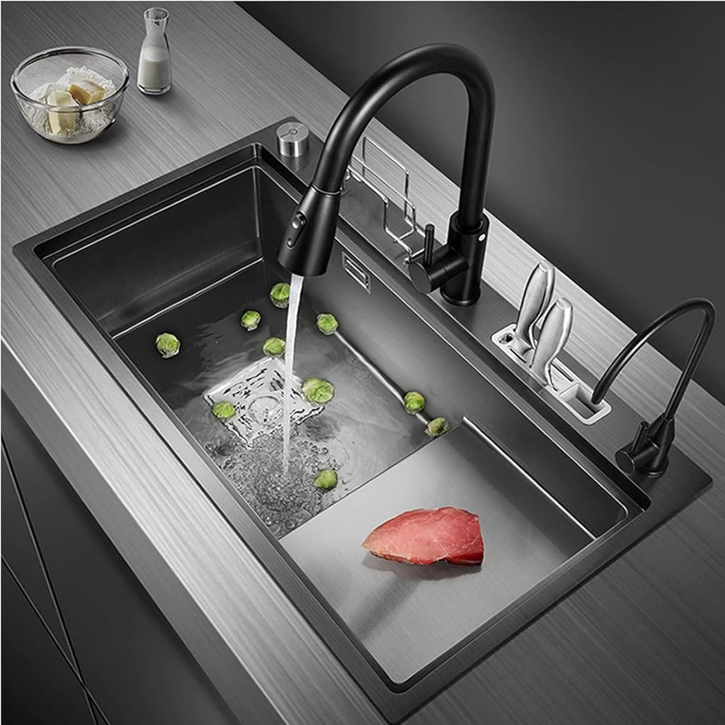 304 Stainless Steel Single Bowl Kitchen Sink Multi-Functional Ladder Type Bar Sink RV Sink with Pull-Out Faucet Top Mount Or Undermount (Color : Black, Size : 80x45x24cm) (Black 80x45x24cm)