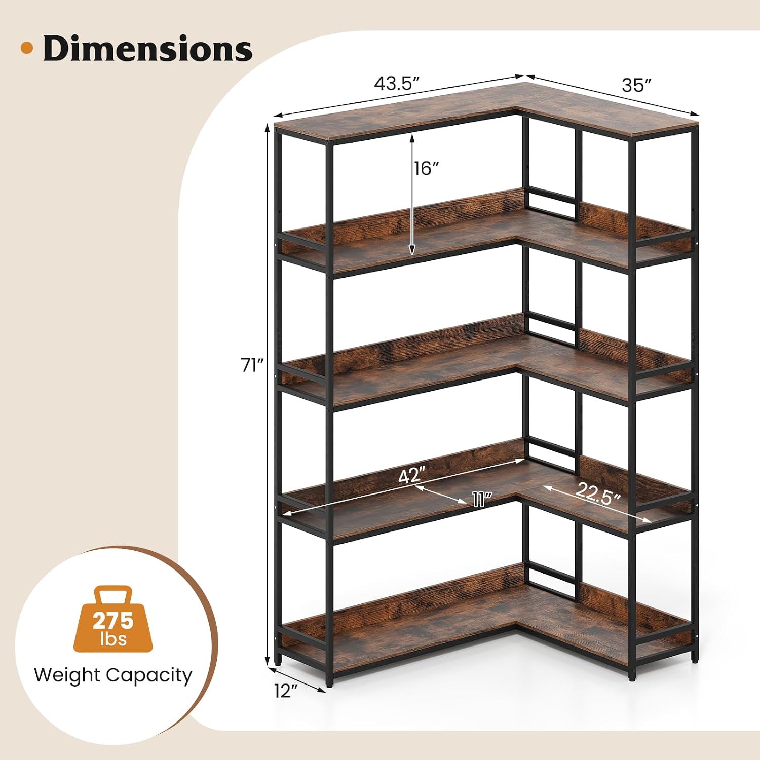 Tangkula Large Corner Bookshelf, 90 Degrees 5-Tier Industrial Wood Open Corner Bookcase for Small Spaces, Heavy-Duty Metal Frame, 71'H L-Shaped Storage Display Rack for Living Room (Rustic Brown)