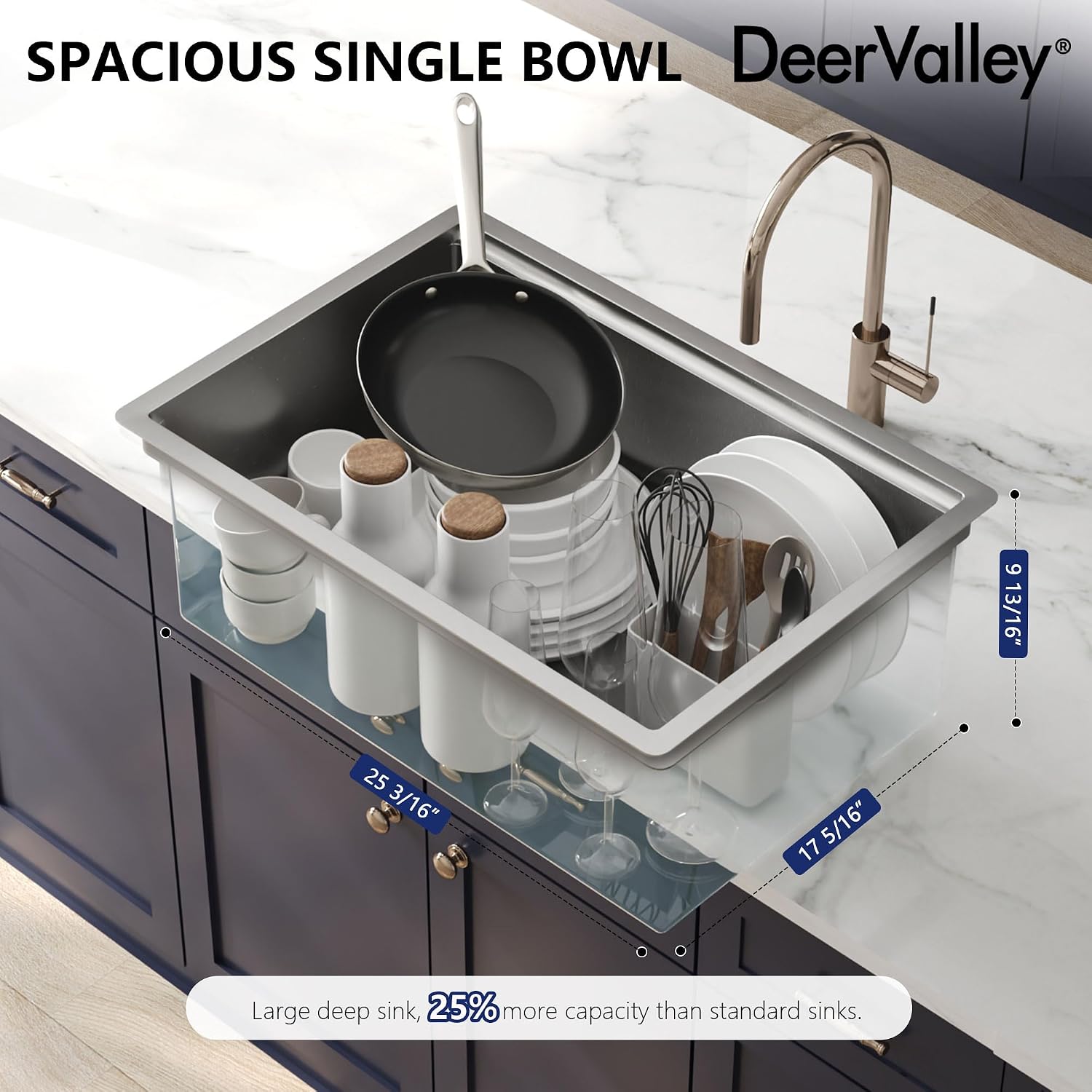 DeerValley Workstation Kitchen Sink 27 Inch, 18 Gauge Stainless Steel Single Bowl Sink, Handmade with Built-In Accessories, Ledge Design & Cutting Board