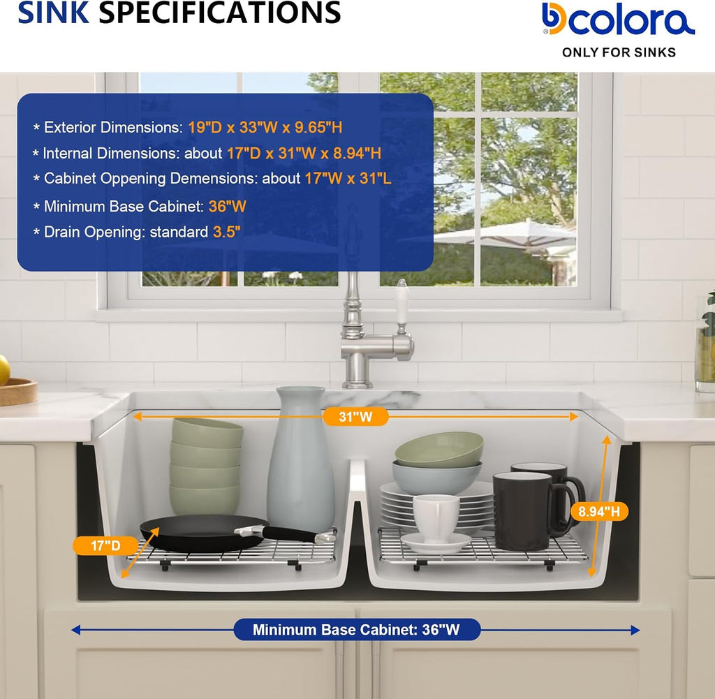 Dcolora 33 Inch Granite Compoisite Kitchen Sink White Undermount Kitchen Sink 50/50 Double Bowl Workstation Elegant Under Counter basin 33'×19'×10'，#DC-GX3327