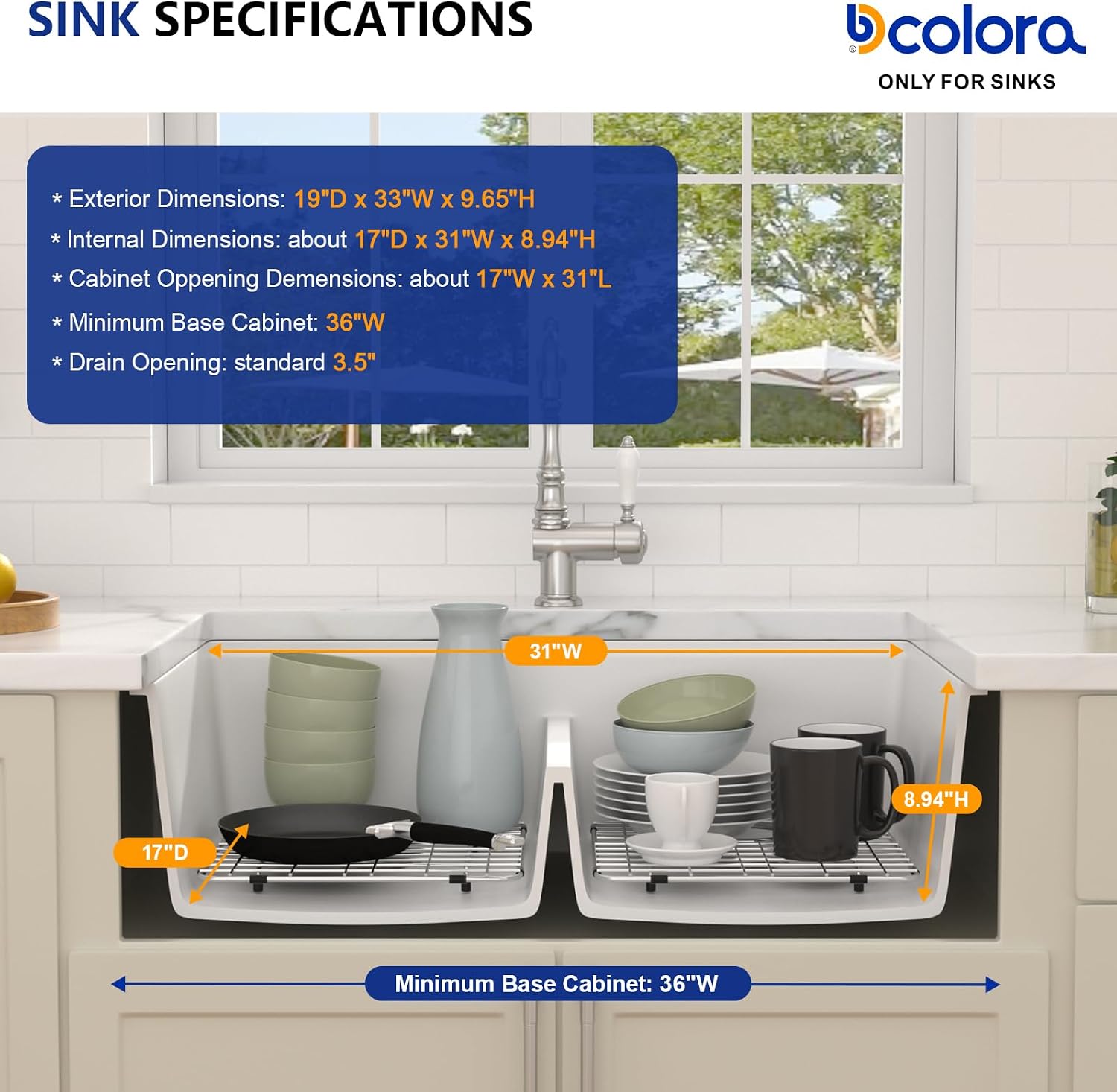 Dcolora 33 Inch Granite Compoisite Kitchen Sink White Undermount Kitchen Sink 50/50 Double Bowl Workstation Elegant Under Counter basin 33'×19'×10'，#DC-GX3327