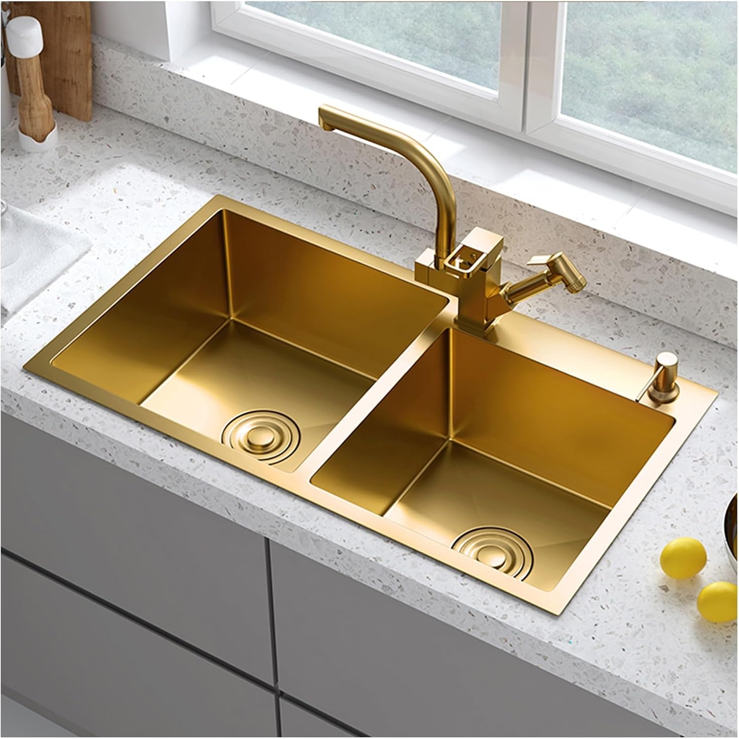 Gold Double Bowl Kitchen Sinks, with Faucet, 304 Stainless, Top Mount Kitchen Sink and Accessories, Undermount Vegetable Basin (Color : Gold D, Size : 82X45cm)