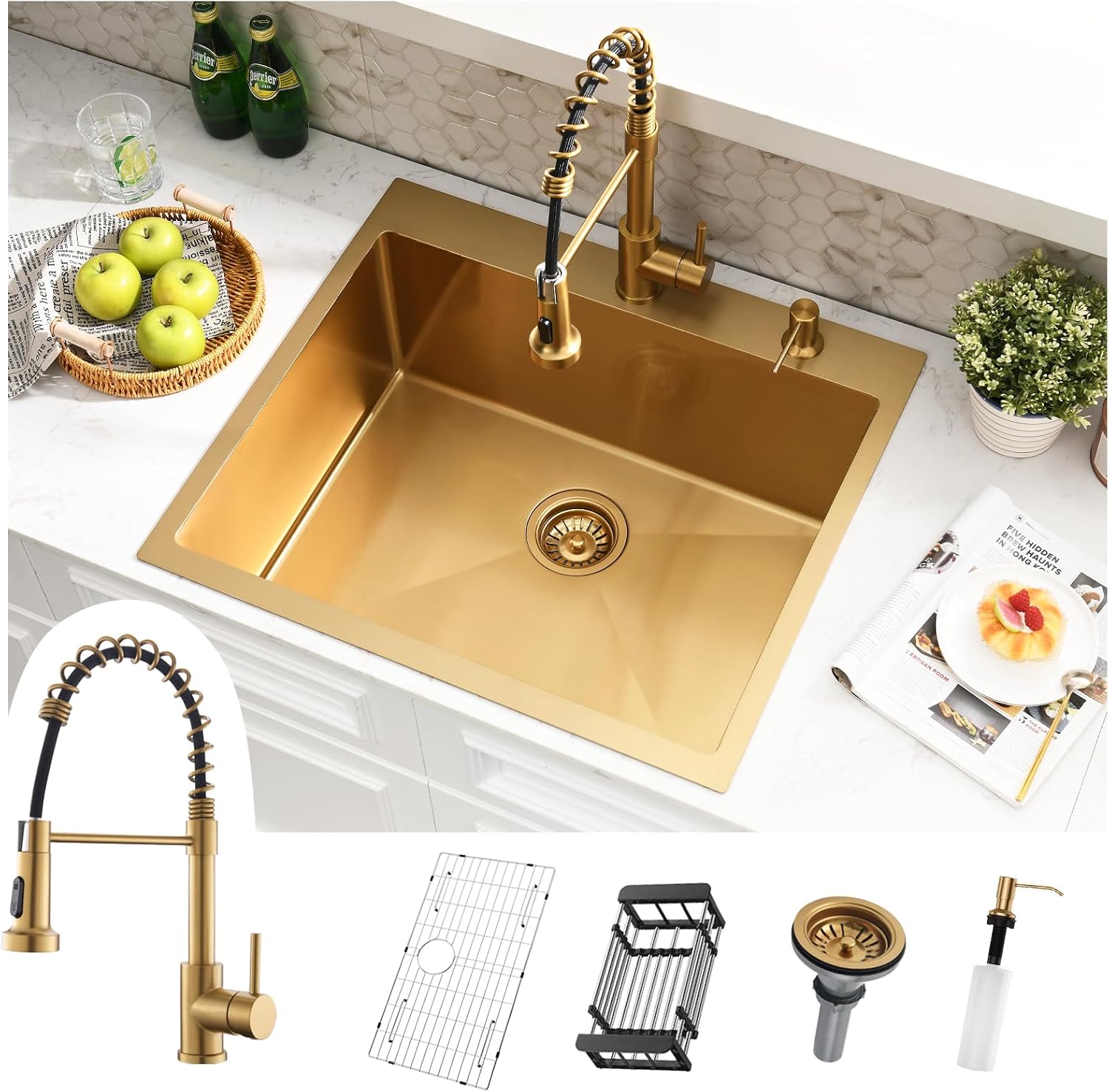 25 Inch Gold Drop In Kitchen Sink with Faucet Combo - 25x22 Modern Gold Stainless Kitchen Sink Drop In, Single Bowl Top Mount Sink with Soap Dispenser & Accessories