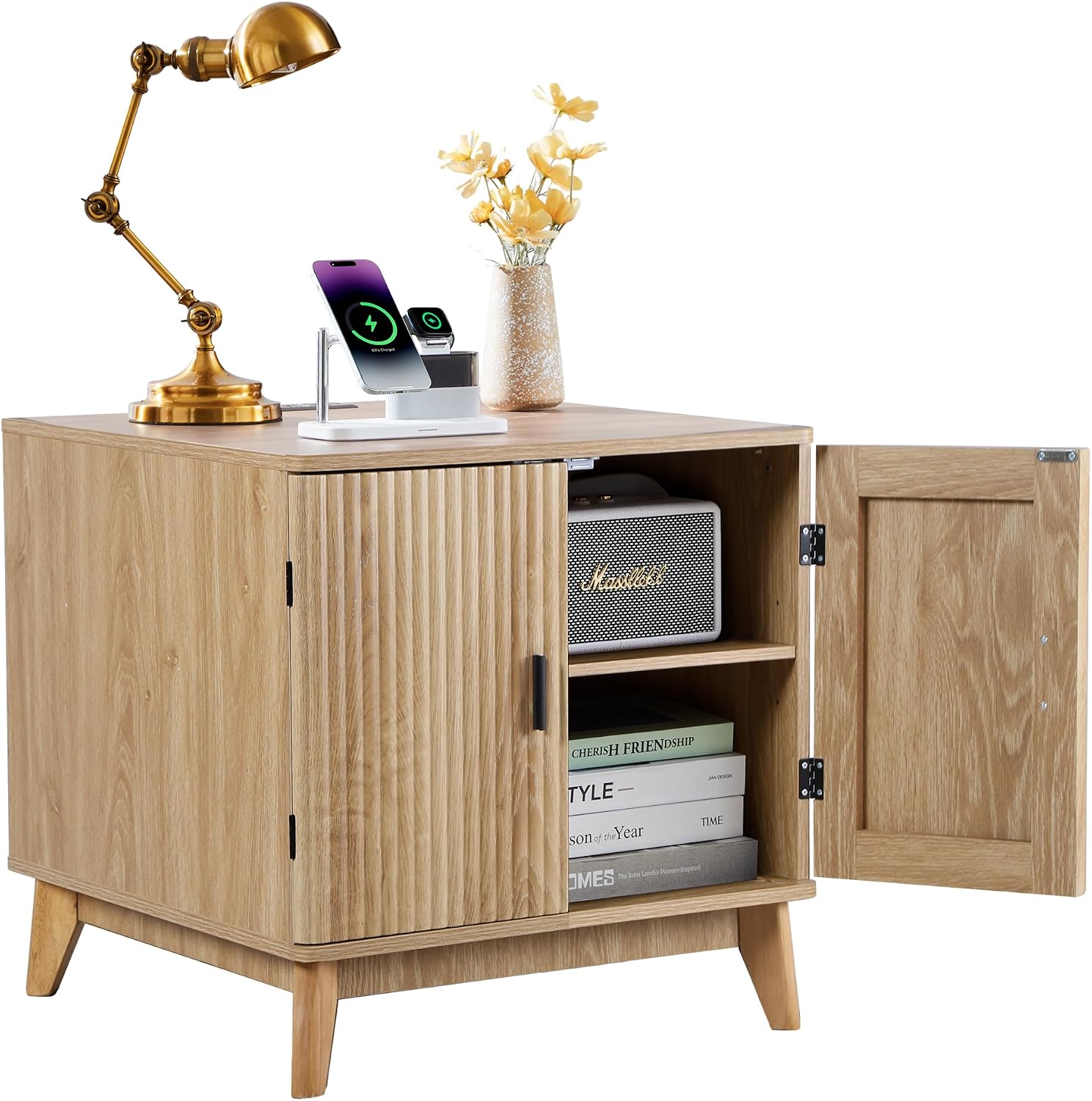 Fluted End Table with Charging Station, Mid Century Modern Nightstand with 2 Doors, Bed Side Table with Storage for Couch,Living Room,Small Spaces, Sofa Side Table for Office,Dorm-Natural