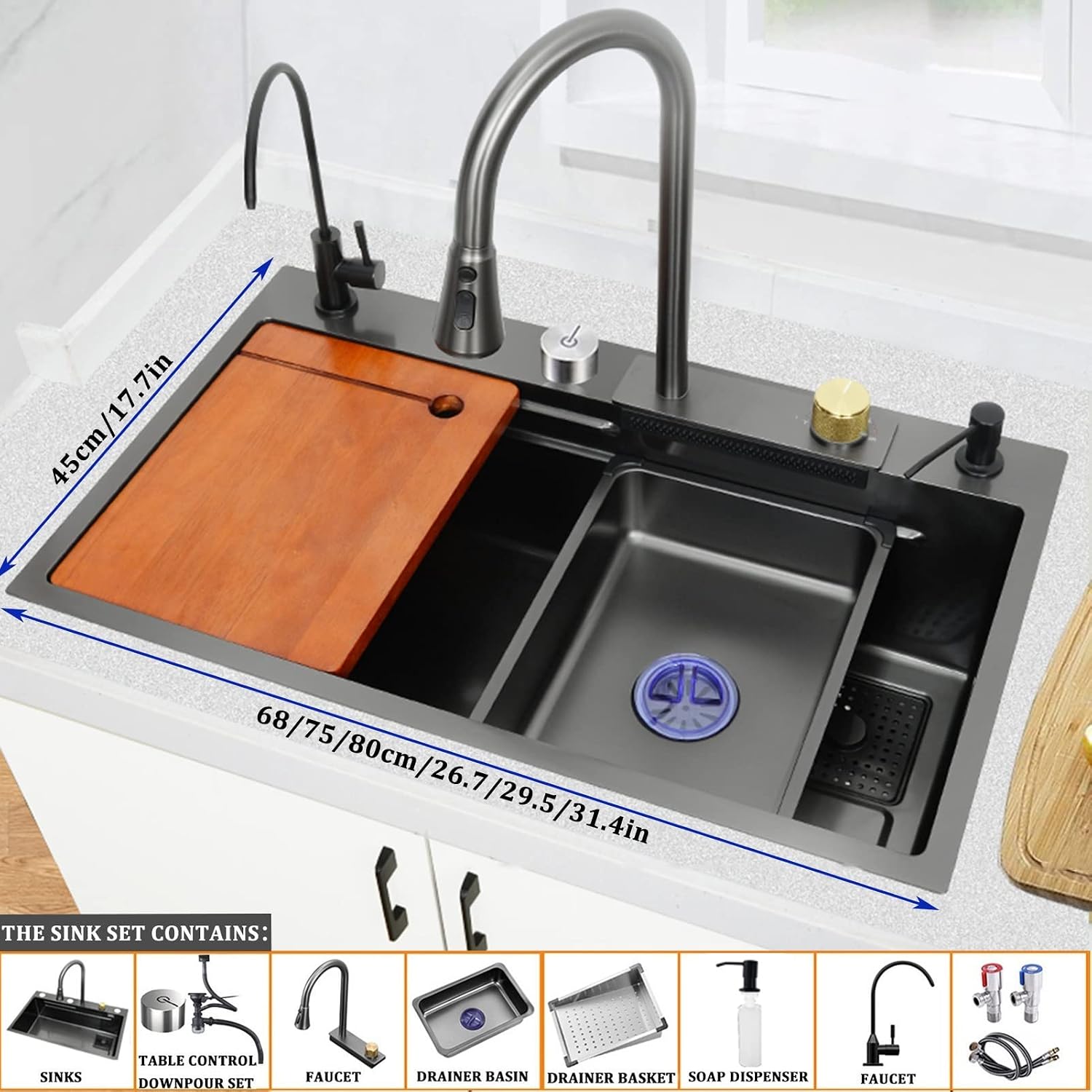 Generic Black Single Bowl Kitchen Sink 304 Stainless Steel Kitchen Sink with Pull-Out Faucet and Drain Assembly Drop in Or Under Mount (Color : Black, Size : 60x45x21cm)