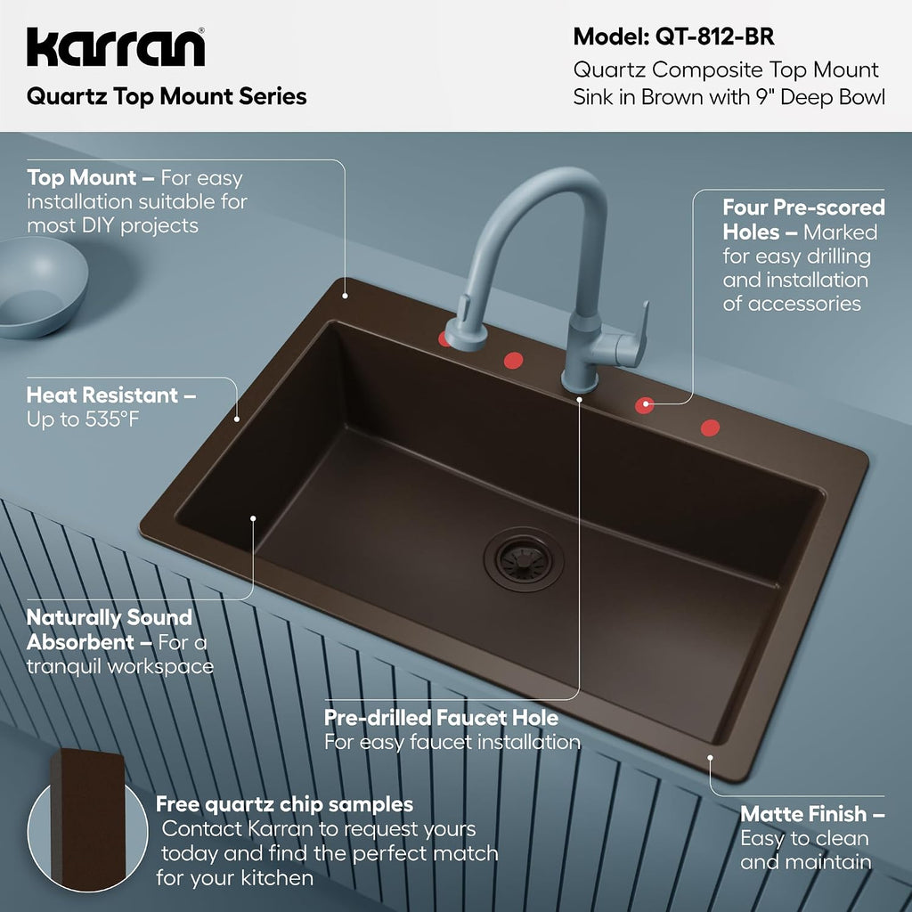 Karran 33' Drop-In Top Mount Quartz Composite Single Bowl Kitchen Sink in Brown – Extra Deep 9' Basin, Heat Resistant, Sound Dampening, Easy Clean Surface