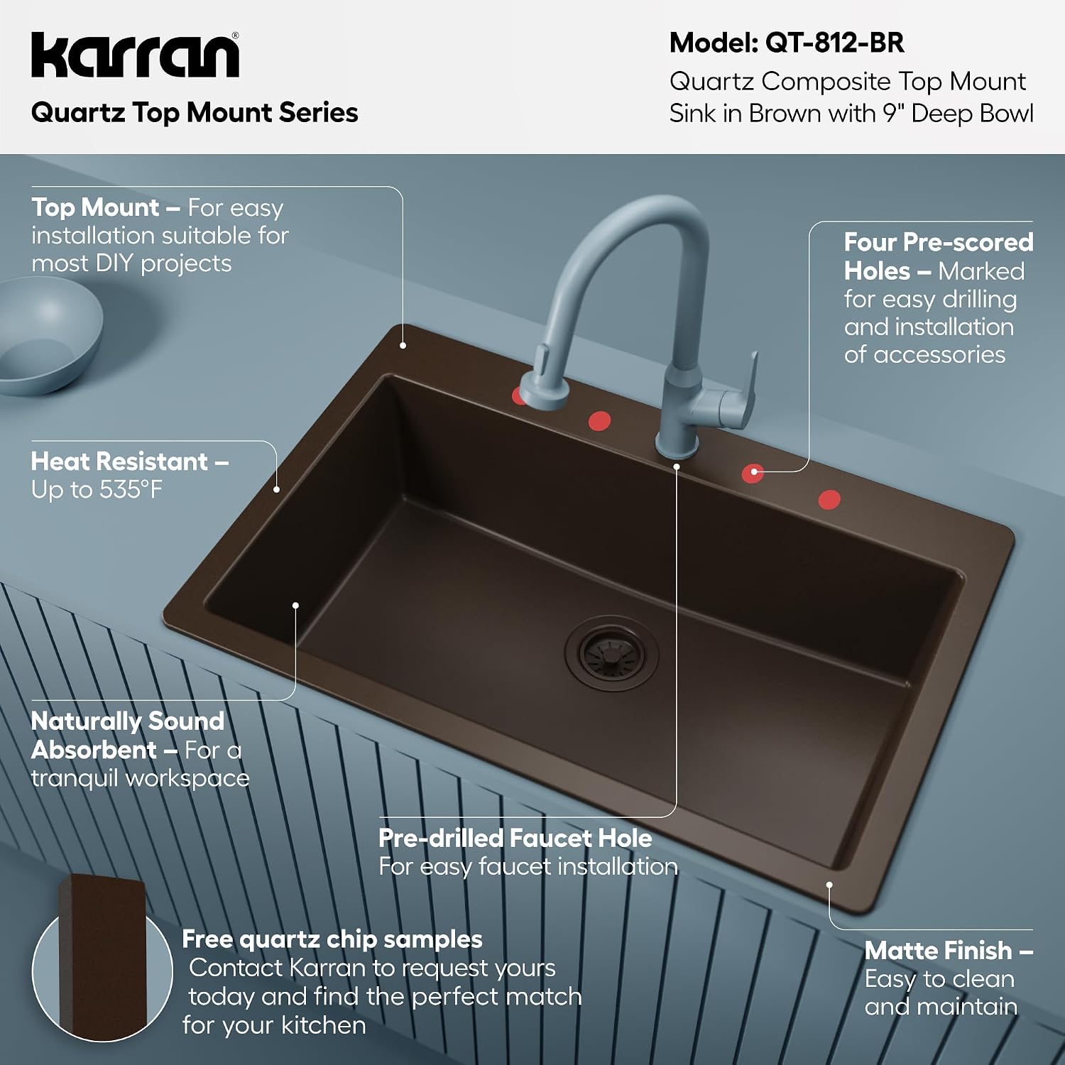 Karran 33' Drop-In Top Mount Quartz Composite Single Bowl Kitchen Sink in Brown – Extra Deep 9' Basin, Heat Resistant, Sound Dampening, Easy Clean Surface