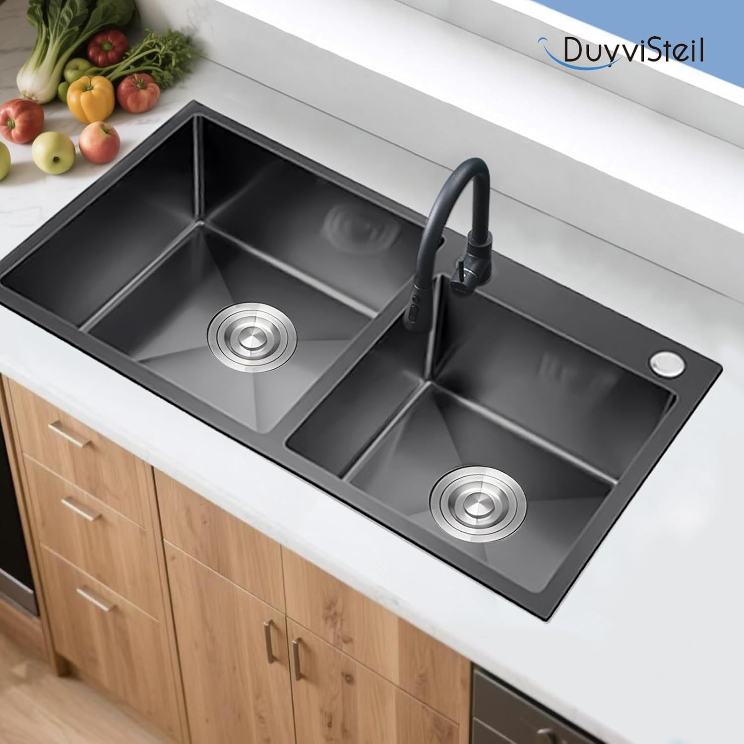30.7'x16.9' Black Double Bowl Sink - 60/40, 20 Gauge Stainless Steel Topmount Kitchen Sinks, Nano-Coated Drop-In Kitchen Sink with Drain & Overflow (Gunmetal Gray)