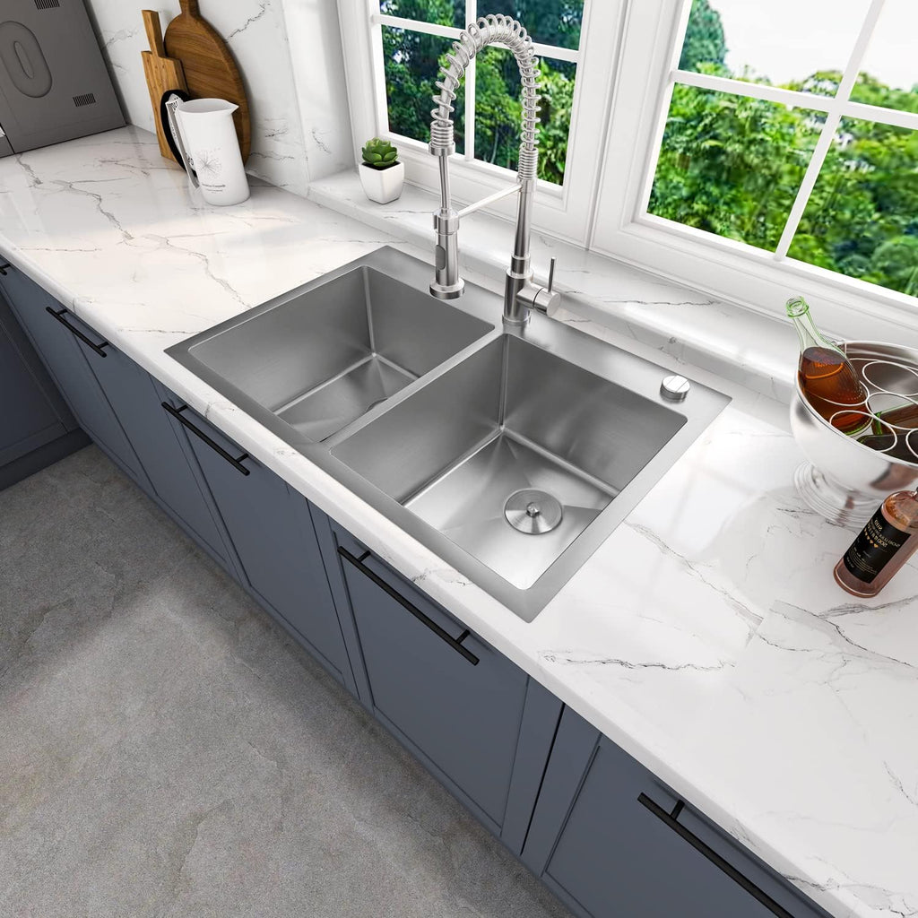 Sinber HT3322D-9-S 33' x 22' x 9' Drop In Double Bowl Kitchen Sink with 18 Gauge 304 Stainless Steel Satin Finish (Sink Only)