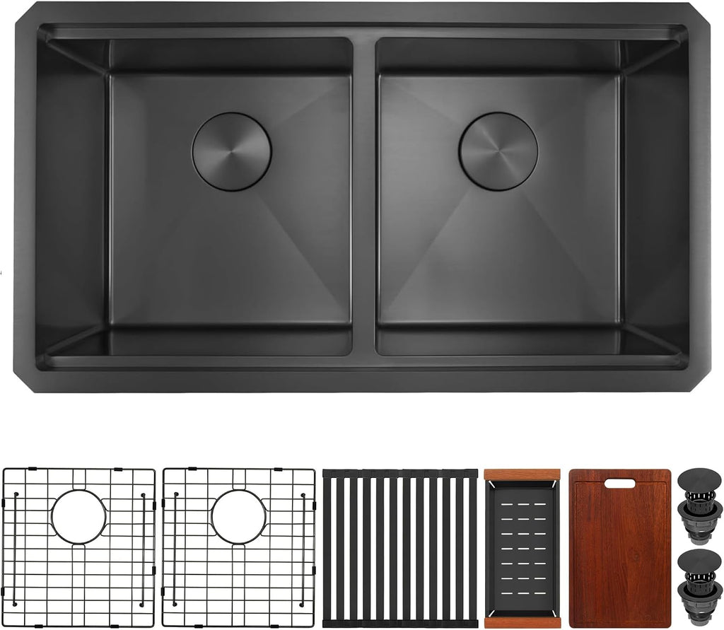 MILOSEN Black Double Bowl Kitchen Sink, 30x18 Inch T304 Stainless Steel Undermount Workstation Sink, 50/50 Double Bowl 10 Inch Deep Handmade Kitchen Sinks, Undermount Black Sinks with Accessories