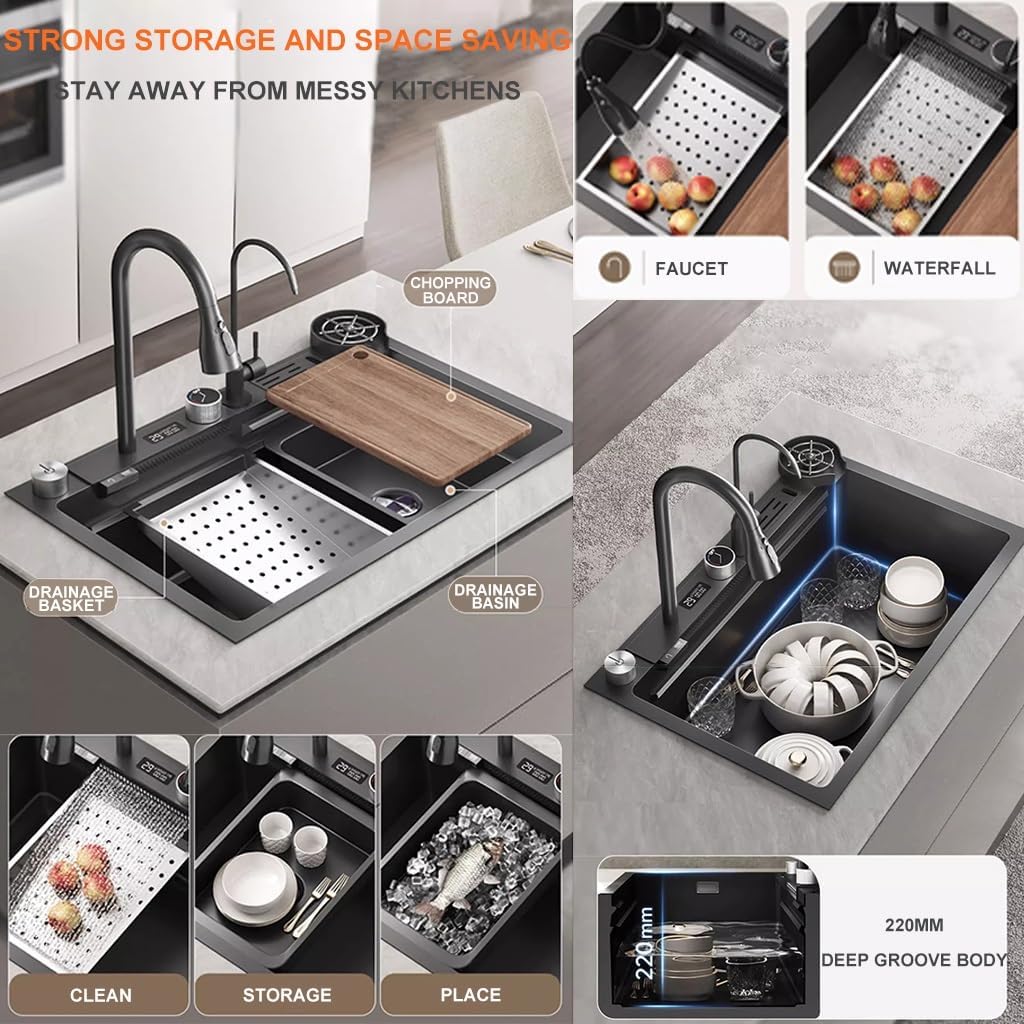 Generic Waterfall Workstation Sink Stainless Steel Single-Bowl Kitchen Sink with Multifunctional Digital Display Fly Rain Pull-Out Faucet & Full Set of Accessories (Color : Black, Size : 75x46x22cm)