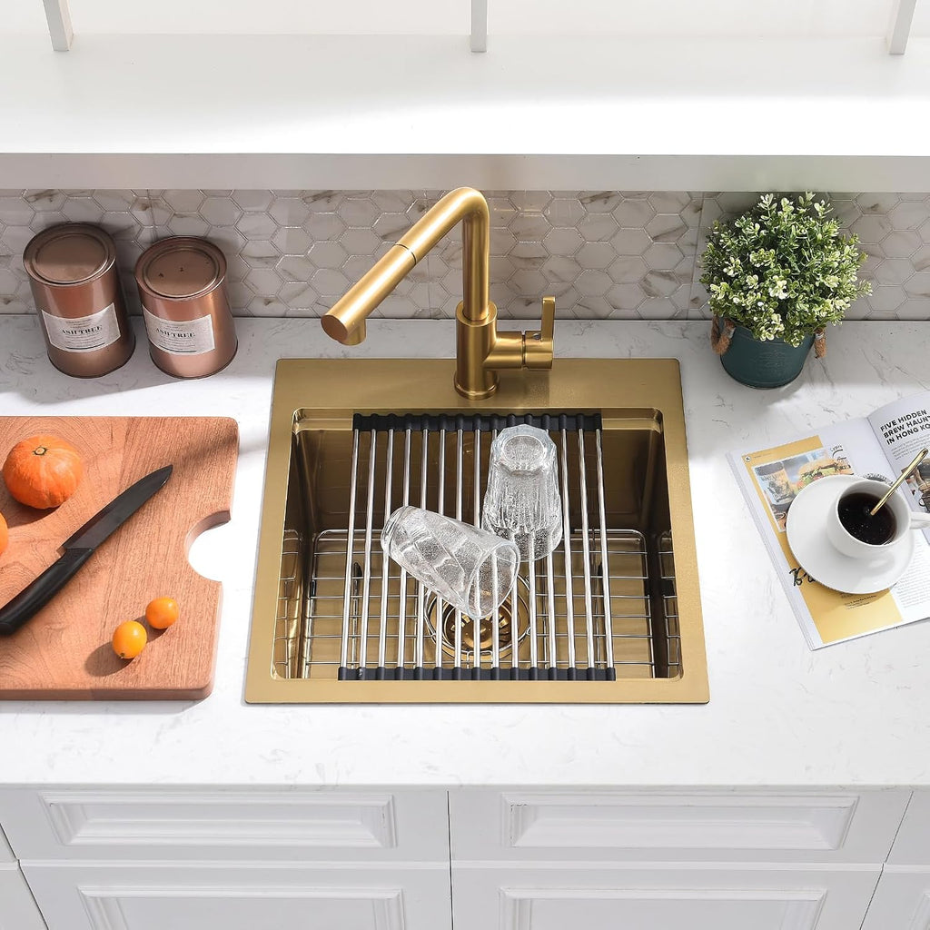 21x20 Inch Drop In Bar Sink - 16 Gauge Gold Stainless Steel Small Kitchen Sink, 10' Deep Single Bowl Workstation Sinks with Accessories for RV, Outdoor Kitchen & Wet Bar