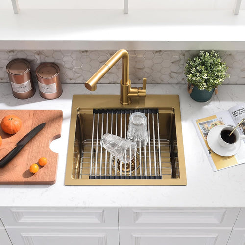 21x20 Inch Drop In Bar Sink - 16 Gauge Gold Stainless Steel Small Kitchen Sink, 10' Deep Single Bowl Workstation Sinks with Accessories for RV, Outdoor Kitchen & Wet Bar