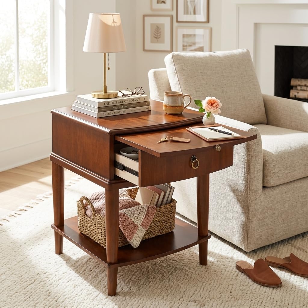 Farmhouse End Side Table Set of 2 with Pull-Out Tray And Storage Drawer, Sofa Beside Tables, Nightstand, No-Tools Assembly 17.7'L x 19.7'W x 22.8'H for Living Room, Caramel Brown CJZ-A1569-MG