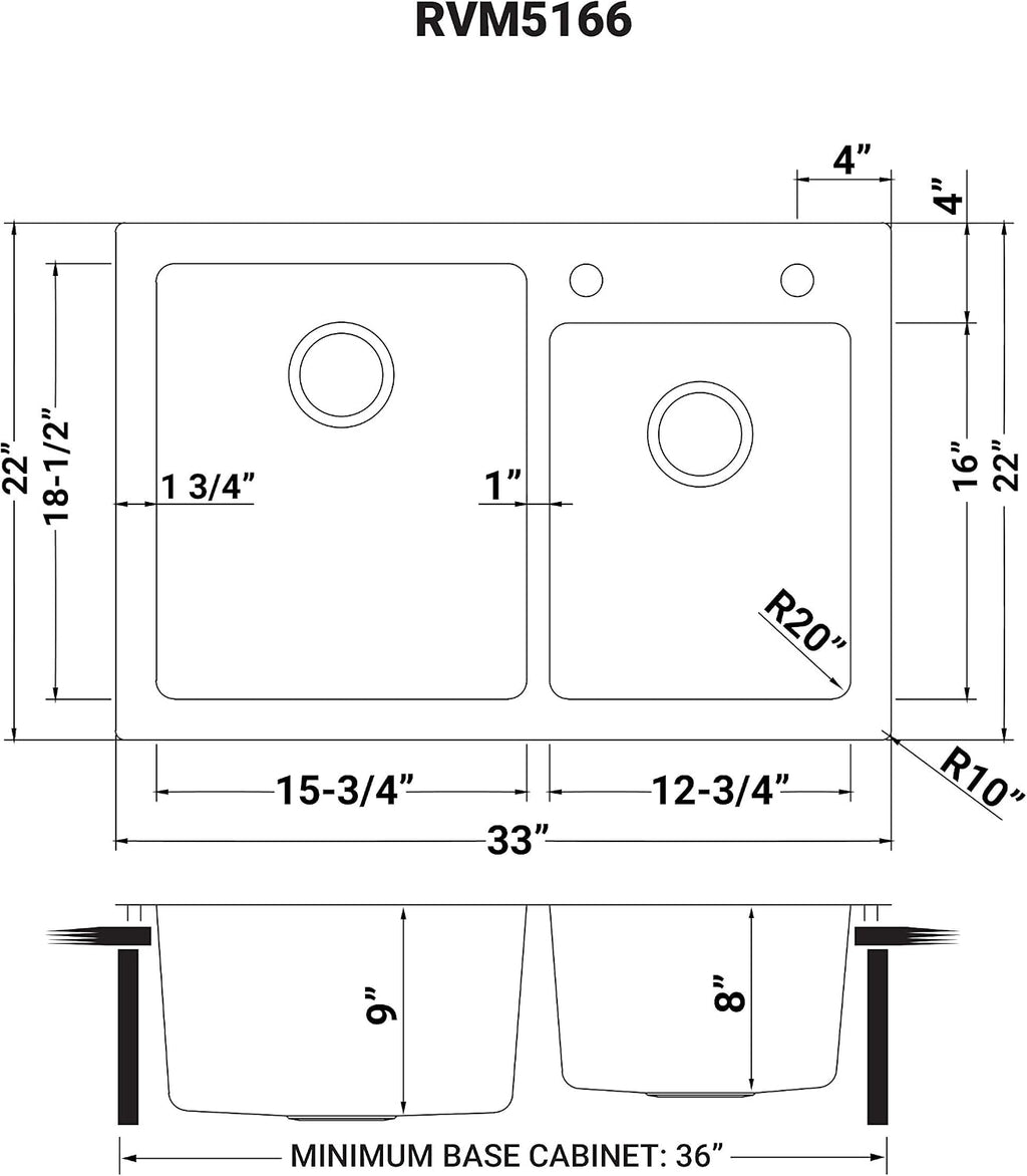 Ruvati 33 x 22 inch Drop-in Topmount Kitchen Sink - 16 Gauge Stainless Steel 60/40 Double Bowl Kitchen Sink with Brushed Finish hides scratches, Easy-to-Clean Drop-in kitchen Sink - RVM5166