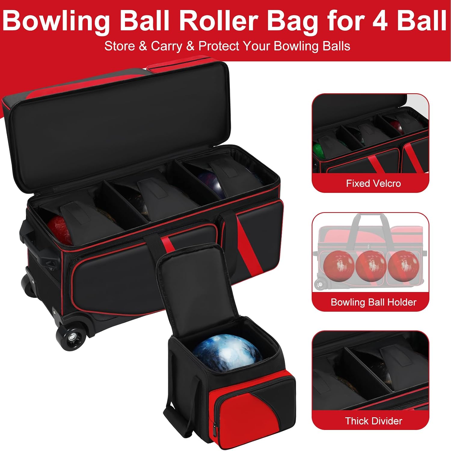4 Ball Bowling Bag with Wheels, Bowling Bag 4 Ball Roller with Multi-pocket & Shoe Compartment & Retractable Handle, 3 Ball Roller Bag + 1 Ball Color Matching Add On Tote