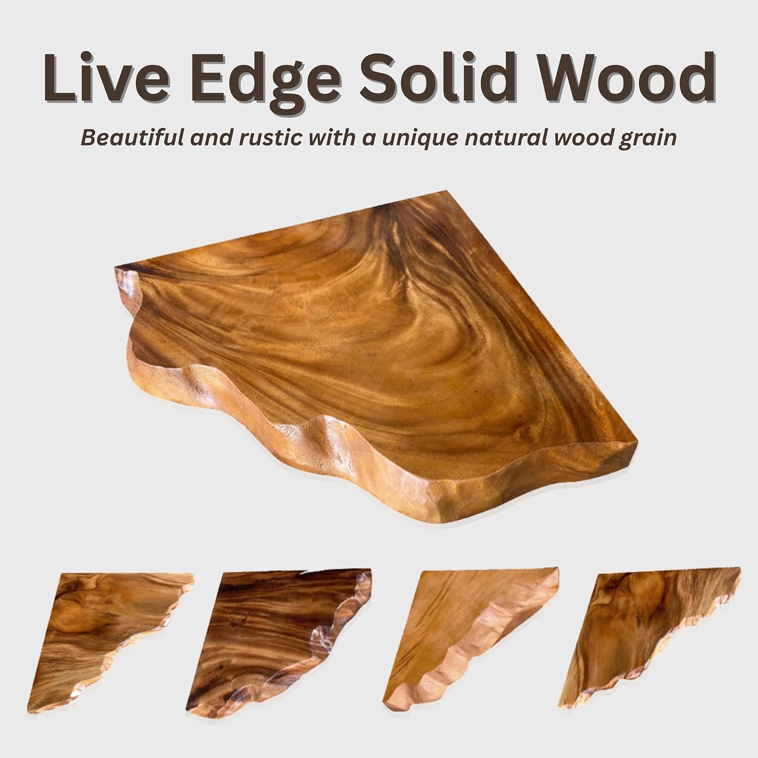 Live Edge Corner Floating Shelves - Solid Monkey Pod Wood, Heavy Duty Hidden Brackets, Handcrafted Farmhouse Wall Mounted Decor for Bedroom & Living Room - Natural, 9.8 x 9.8 x 2.0 in, Set of 1