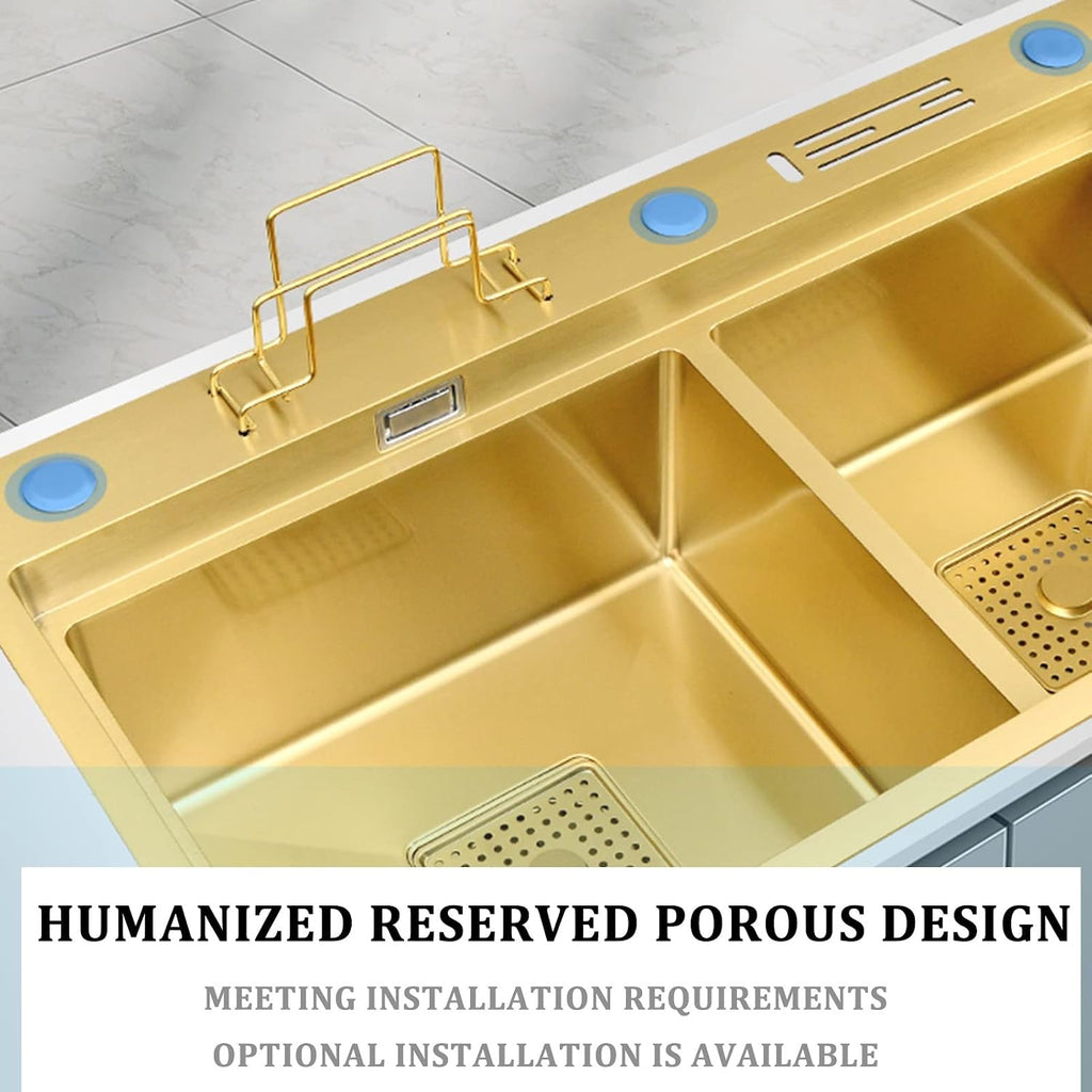 304 Stainless Steel Room Kitchen Sink Gold Double Bowl Bar Prep Sink Multi-Purpose RV Sink with Faucet and Drain Assembly Drop in Or Under Mount (Color : Gold-h, Size : 82x46x24cm) (Goldc 78x46x2