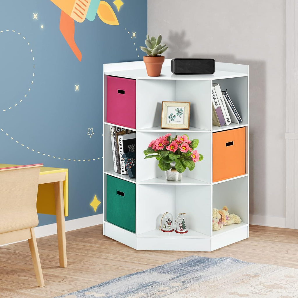 Costzon 9-Cubby Kids Bookcase with Large Storage Drawers, Children's Corner Cabinet with 6 Cubes and 3 Shelves, Wooden Storage Sideboard Suitable for Kids Room Playroom Classroom (White)