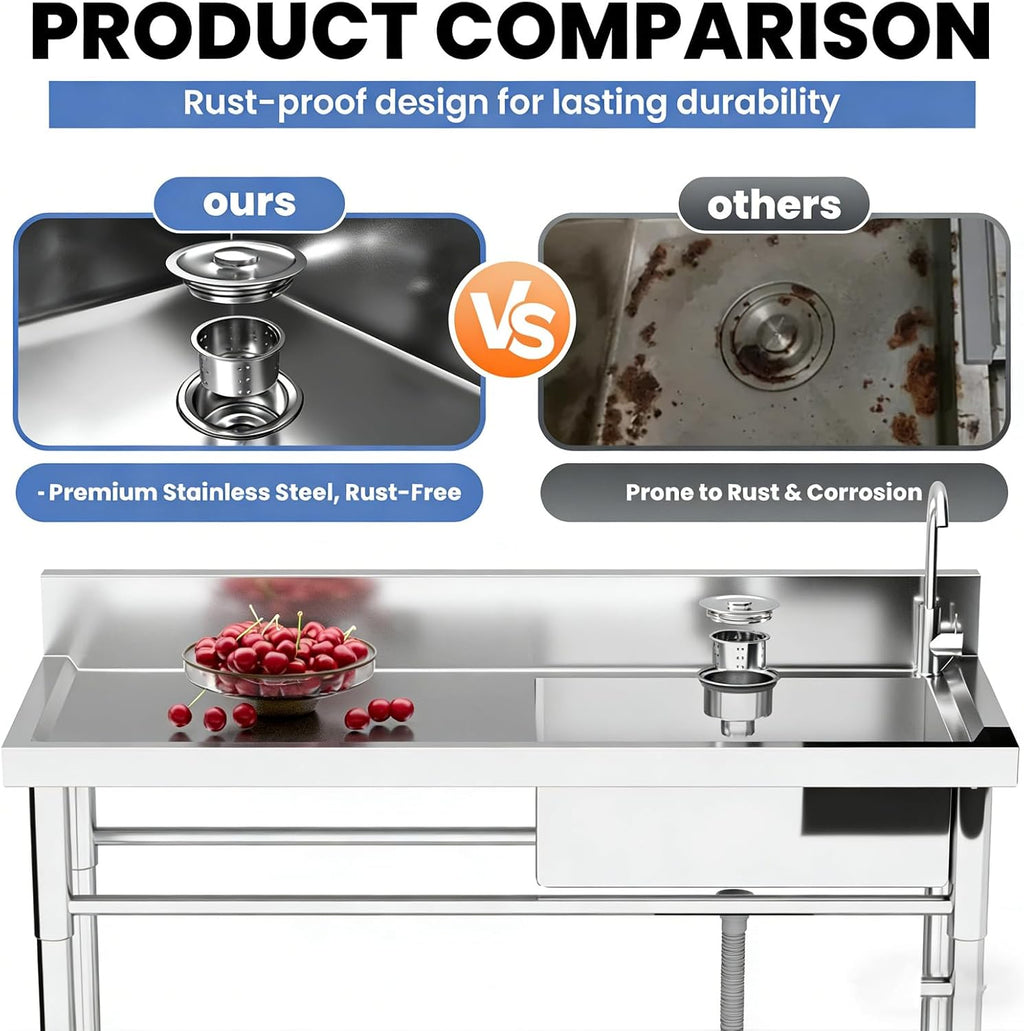 Stainless Steel Utility Sink, 47.3'x18.5'x37'Free Standing Single Bowl Commercial Kitchen Sink with Faucet, NSF - Basin Workbench with Hot & Cold Water Pipe for Garage Restaurant Laundry