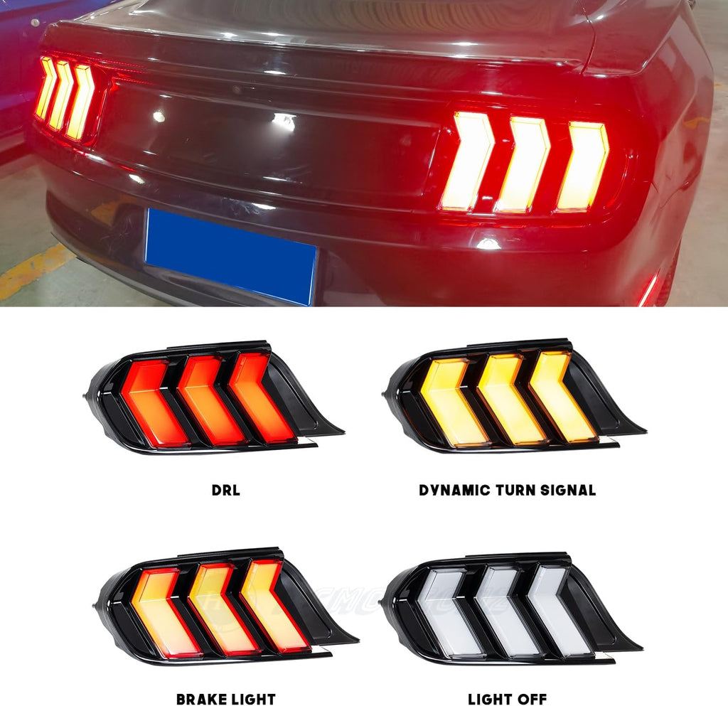 HCmotion Tail Lights For Ford Mustang Euro 2015-2023 (6 Lighting Modes), Start UP Animation With Sequential Turn Signal Rear Lamp Kit(Clear)