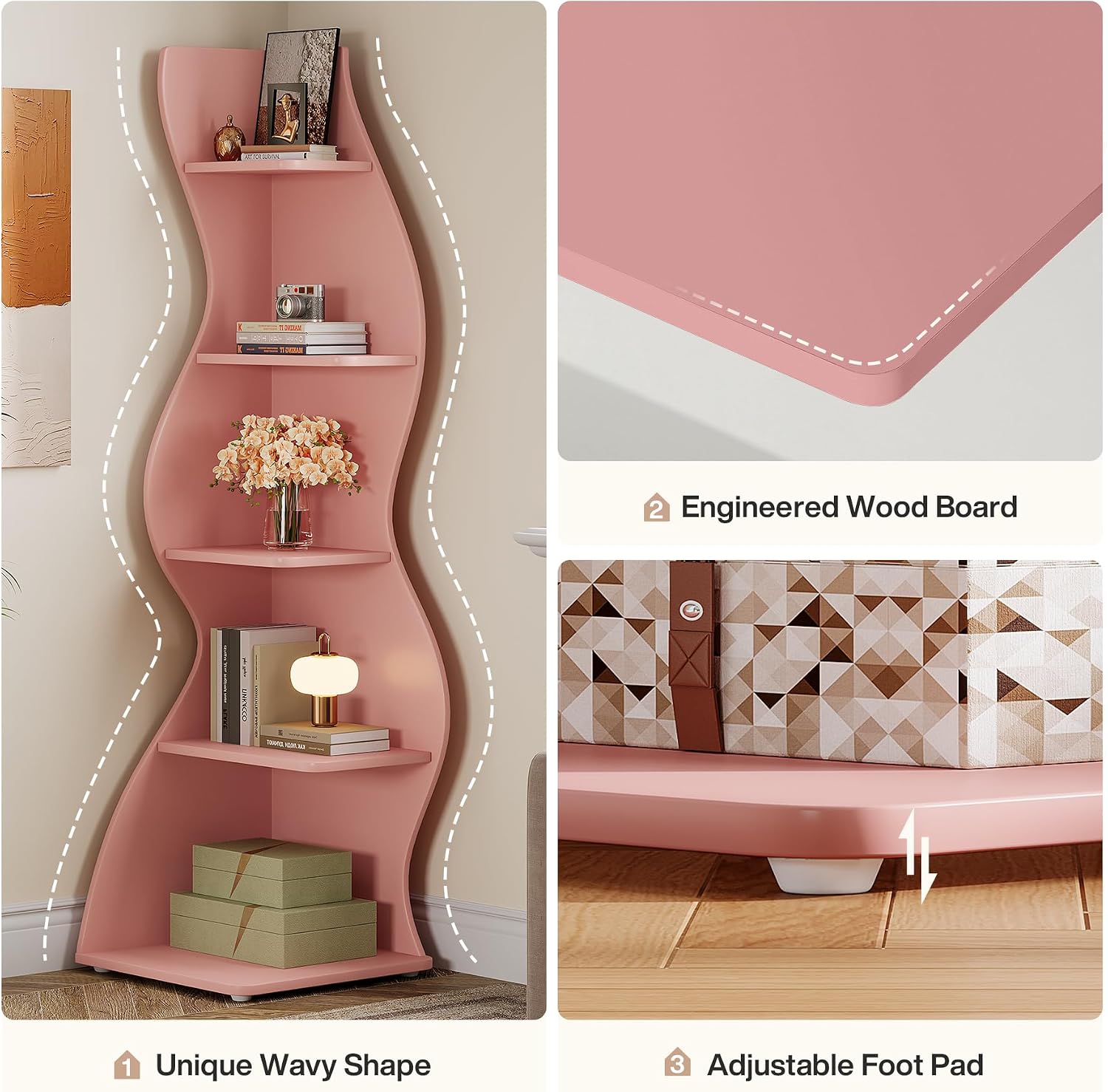 Tribesigns Wavy Corner Shelf Set of 2, Modern 5-Tier Bookshelf Etagere Bookcase with Curvy Shape, Unique Plant Stand Display Shelf for Living Room Small Space (Pink)
