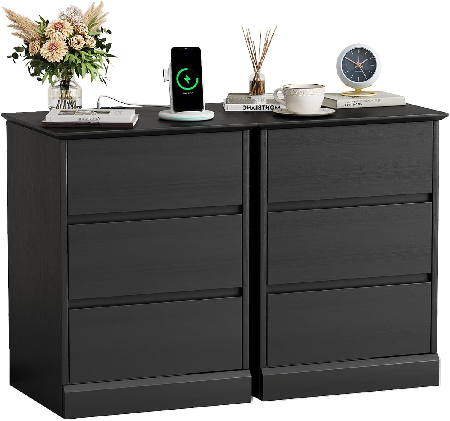 2 pcs Nightstand with Charging Station, Side Table with 3 Drawers, Wooden Bedside Table with Type C, USB Ports and Outlets for Bedroom, Black