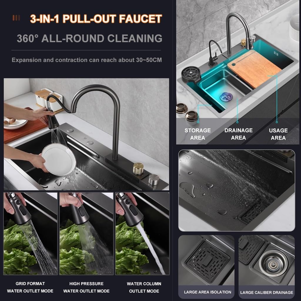 Stainless Steel Waterfall Bar Sink Single Bowl Kitchen Sink Multi-Purpose Handmade Sink Rv Sink Nano-Coated Workstation Sink with Pull-Out Faucet (Size : 80x45x22cm) (75x45x22cm)