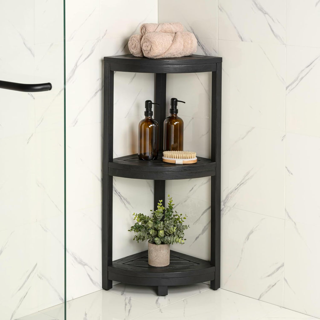 happimess SHF1000B Sela 33' Classic Minimalist 3-Tier Acacia Wood Freestanding Bathroom Corner Shelf, Shower Organizer, Storage Rack for Bath, Office, Kitchen Desktop, Black