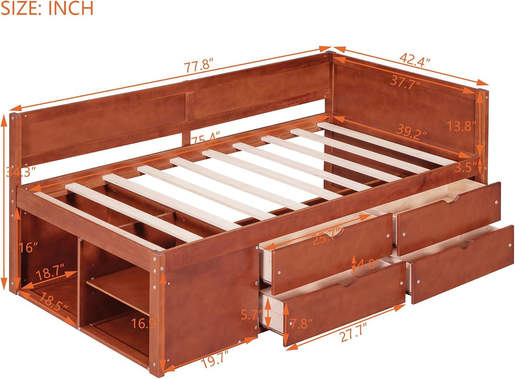 Harper & Bright Designs Twin Corner Bed Frame with Drawers and Shelves,Wood Daybed with L Shape Heaboard,Floor Storage Platform Bed Frame for Bedroom Living Room,Walnut