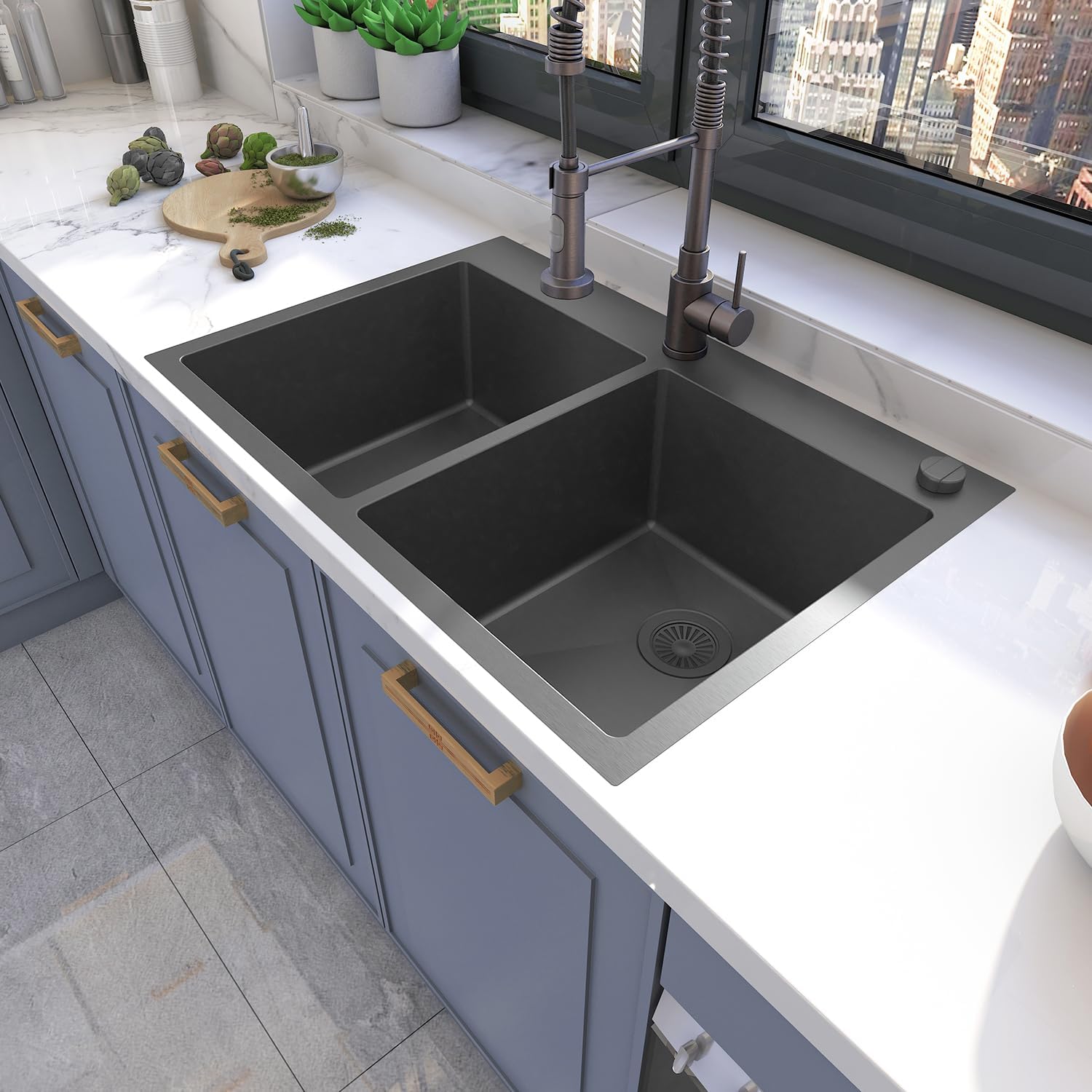 Sinber HT3322D-9-B Drop in Double Bowl 304 Stainless Steel Kitchen Sink (33' x 22' x 9'(Black Sink Only))