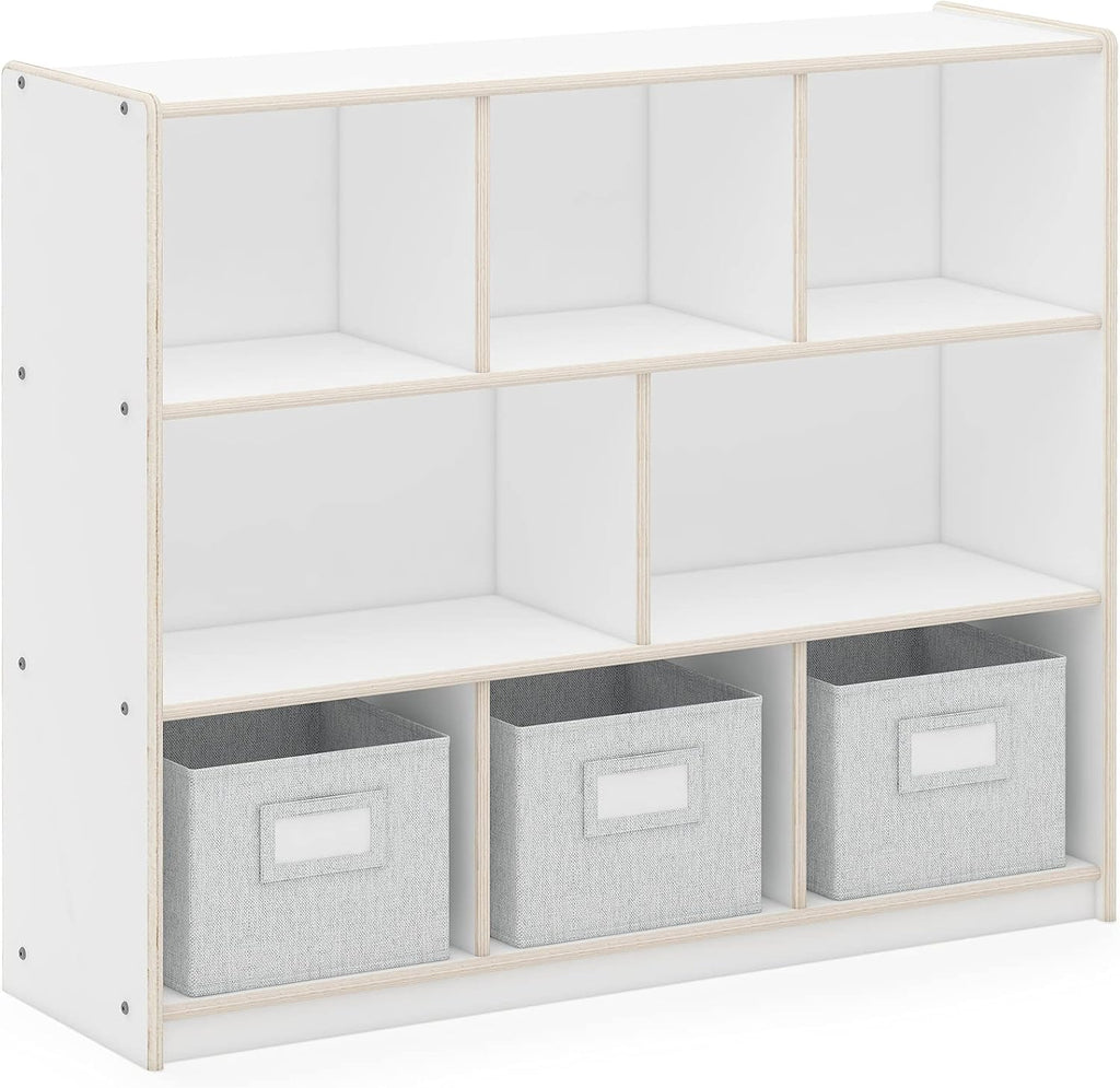 Guidecraft EdQ Three Shelf Compartment Storage White with 3 Fabric Bins: Wooden Bookshelf and Toy Organizer for Kids, Storage Unit for Homeschool and Classroom
