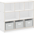 Guidecraft EdQ Three Shelf Compartment Storage White with 3 Fabric Bins: Wooden Bookshelf and Toy Organizer for Kids, Storage Unit for Homeschool and Classroom