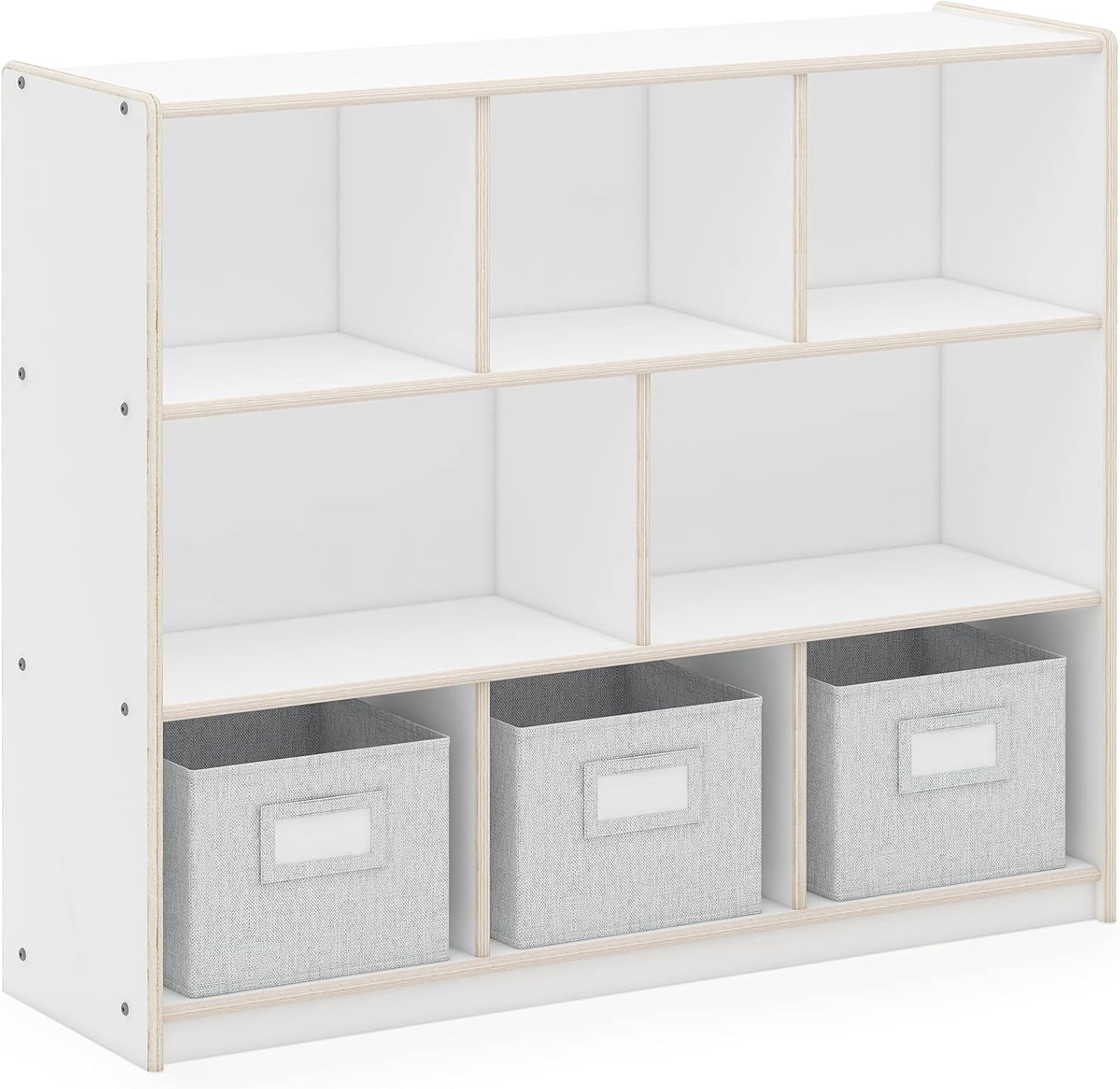 Guidecraft EdQ Three Shelf Compartment Storage White with 3 Fabric Bins: Wooden Bookshelf and Toy Organizer for Kids, Storage Unit for Homeschool and Classroom