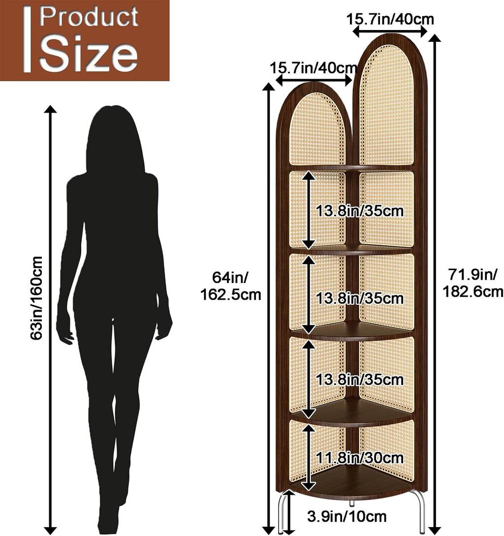AMSXNOO 5-Tier Rattan Corner Bookshelf, 71-Inch Narrow Corner Bookshelf with Metal Feet, Free-Standing Tall Corner Shelf for Livingroom Bedroom Balcony Office (Walnut Color)