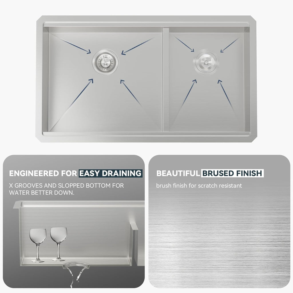 Lordear 30 Inch Kitchen Sink Double Bowl Workstation Kitchen Sinks Low Divide Double Bowl 60/40 16 Gauge Stainless Steel Under Counter Sink Basin 30x19x10 Inch