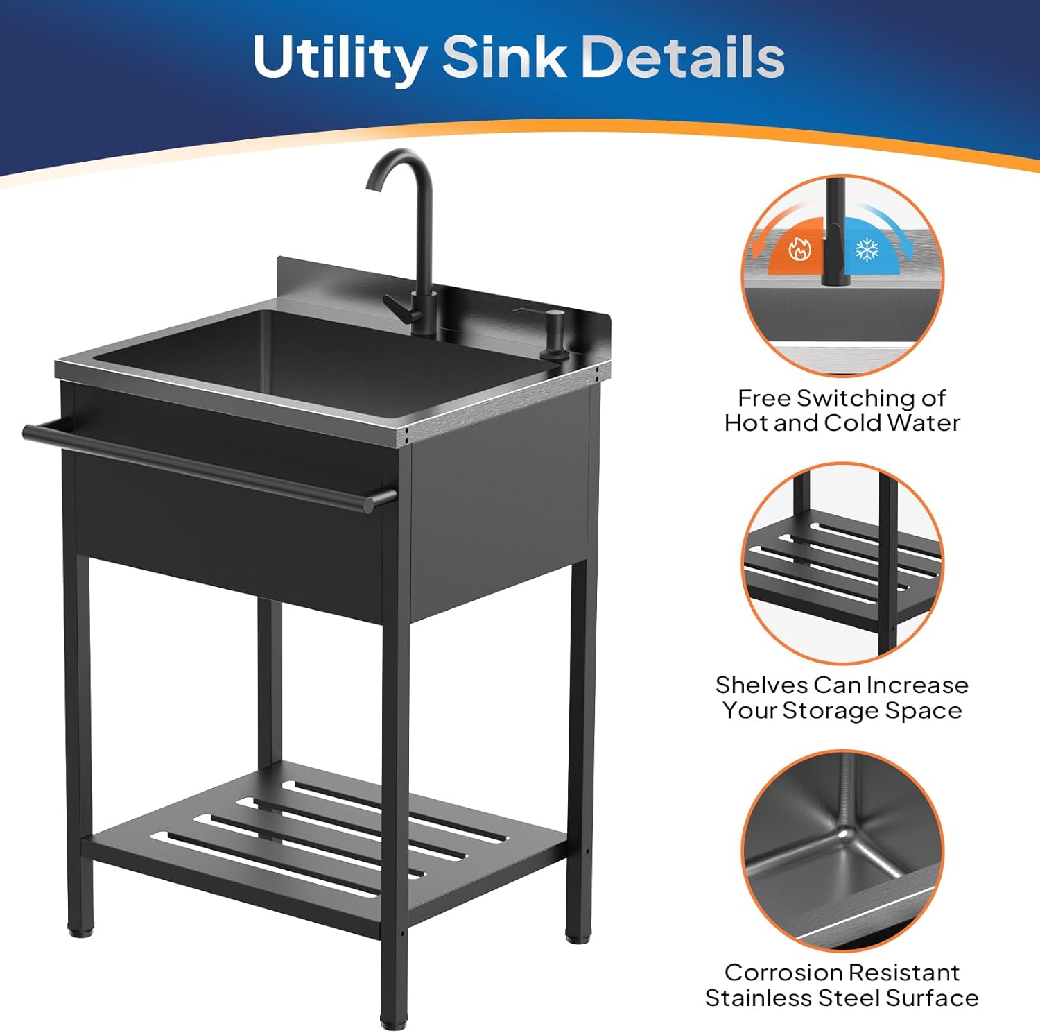 ROVSUN Black Electroplated Stainless Steel Utility Sink with Towel Rack and Storage Shelf, 20.7'D x 25.7'W x 38.9'H Freestanding Laundry & Prep Sink for Home, Restaurant, Garage, and Outdoor Use