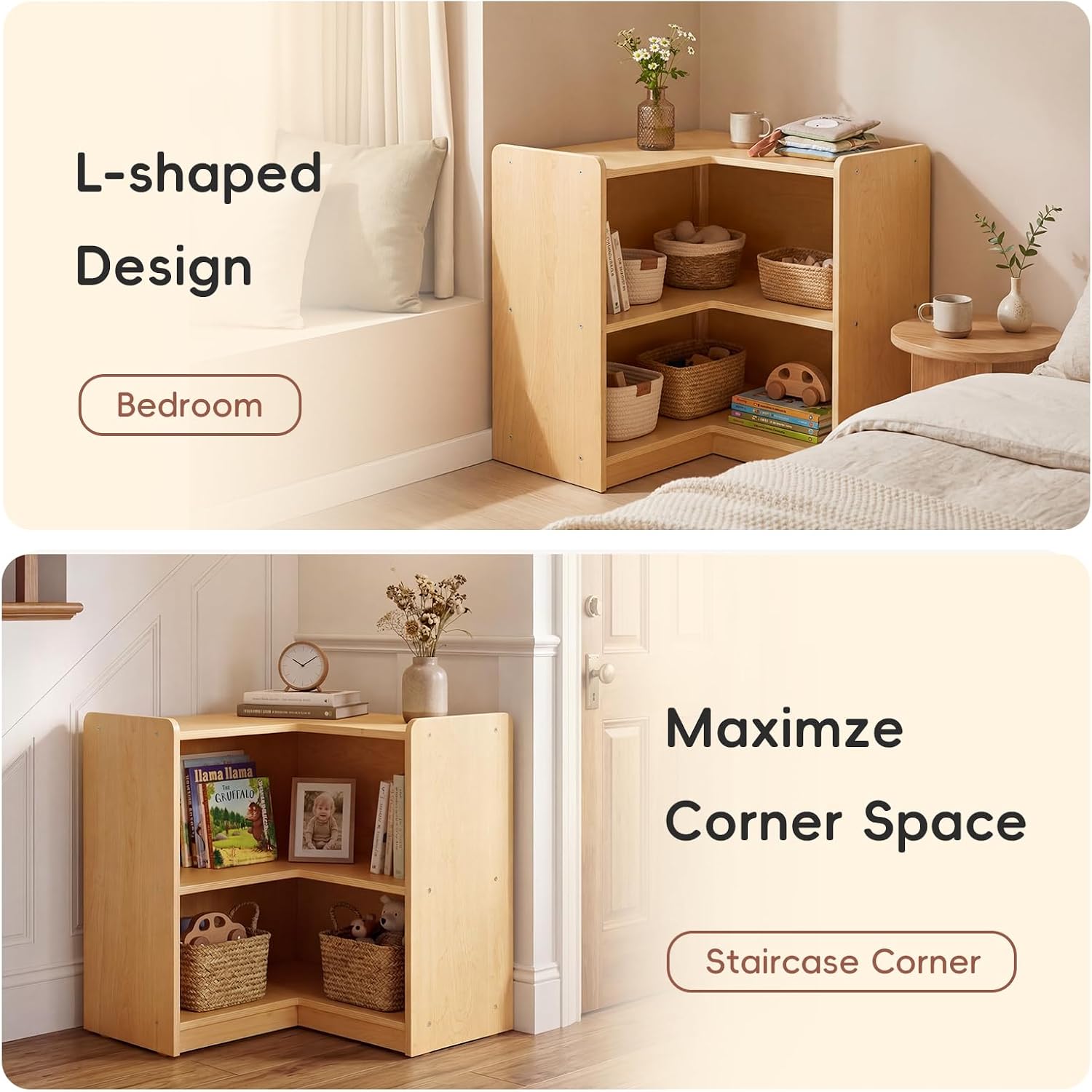 OOOK L-Shape Montessori Bookshelf for Compact Corner Space, Fits Shelf Combination Series in Kids Room, Daycare Center, Nursery, Classroom, Kindergarten