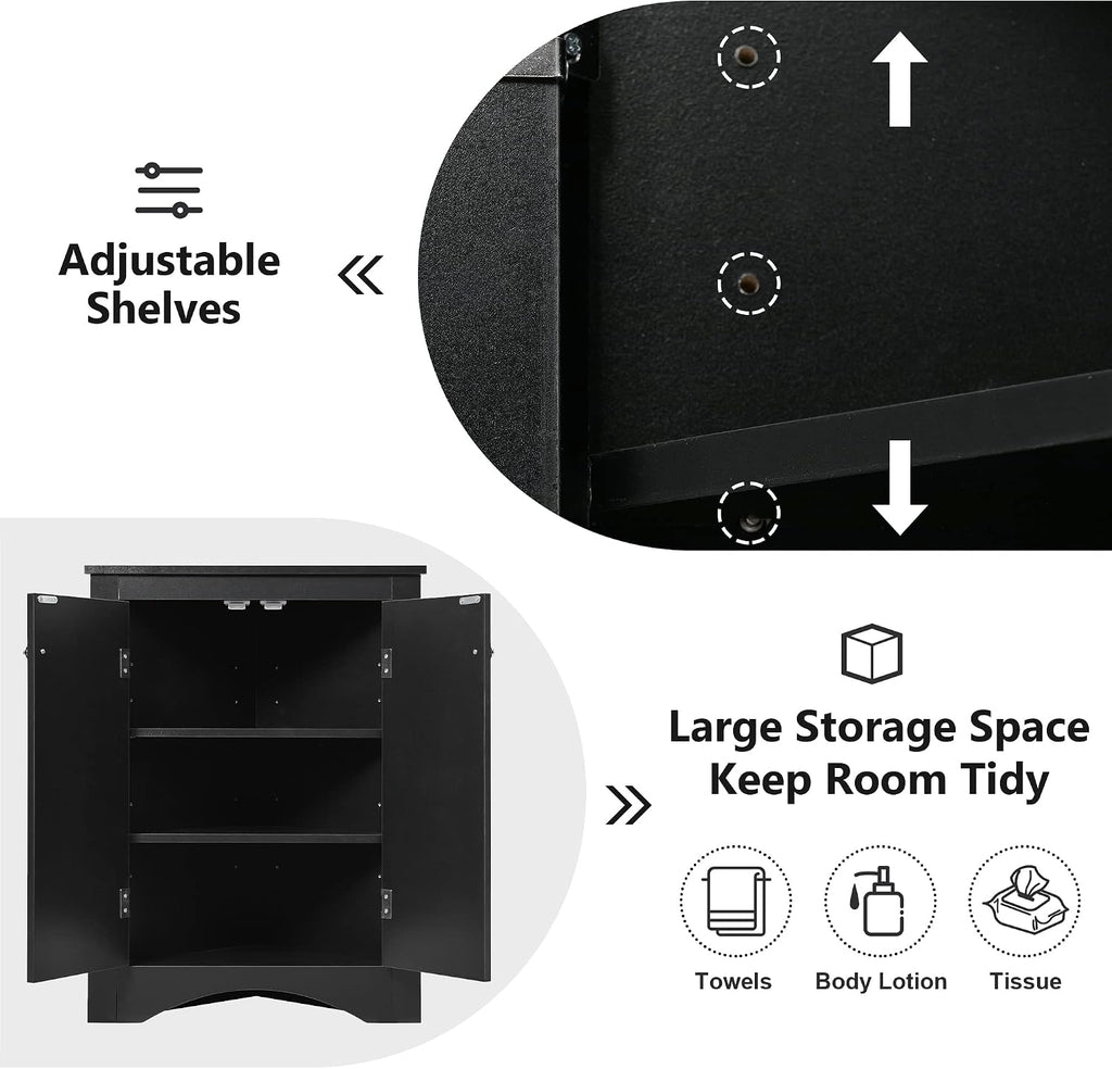 Corner Cabinet with Adjustable Shelves and Doors, Freestanding Bathroom/Kitchen/Living Room Floor Storage Organizer, MDF Boards