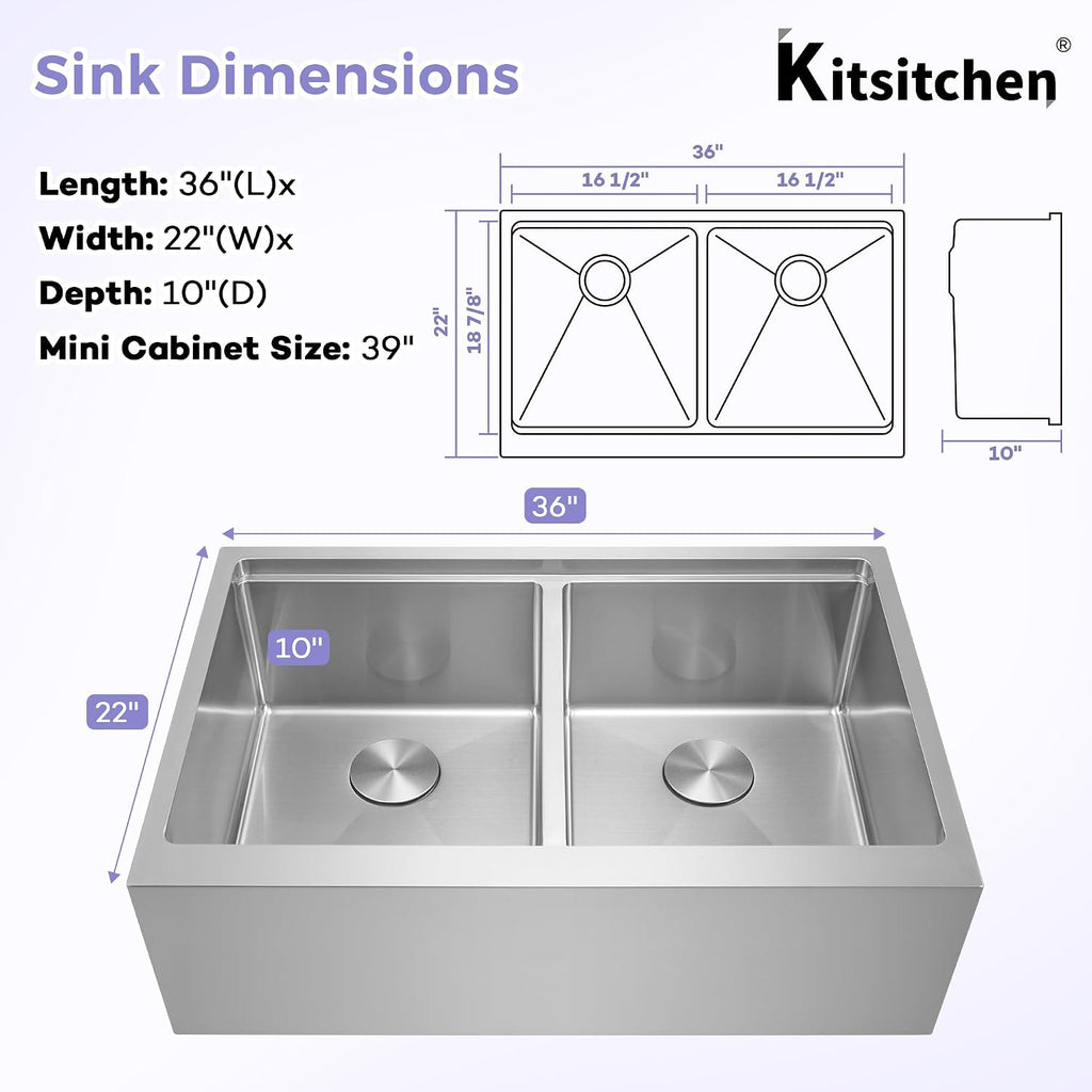 Kitsitchen Double Bowl Farmhouse Kitchen Sink, 16 Gauge 304S Stainless Steel Farm Sinks, 36'X 22' x 10' Large and Deep Workstation Kitchen Sinks with Accessories,50/50 Double Bowl Feature