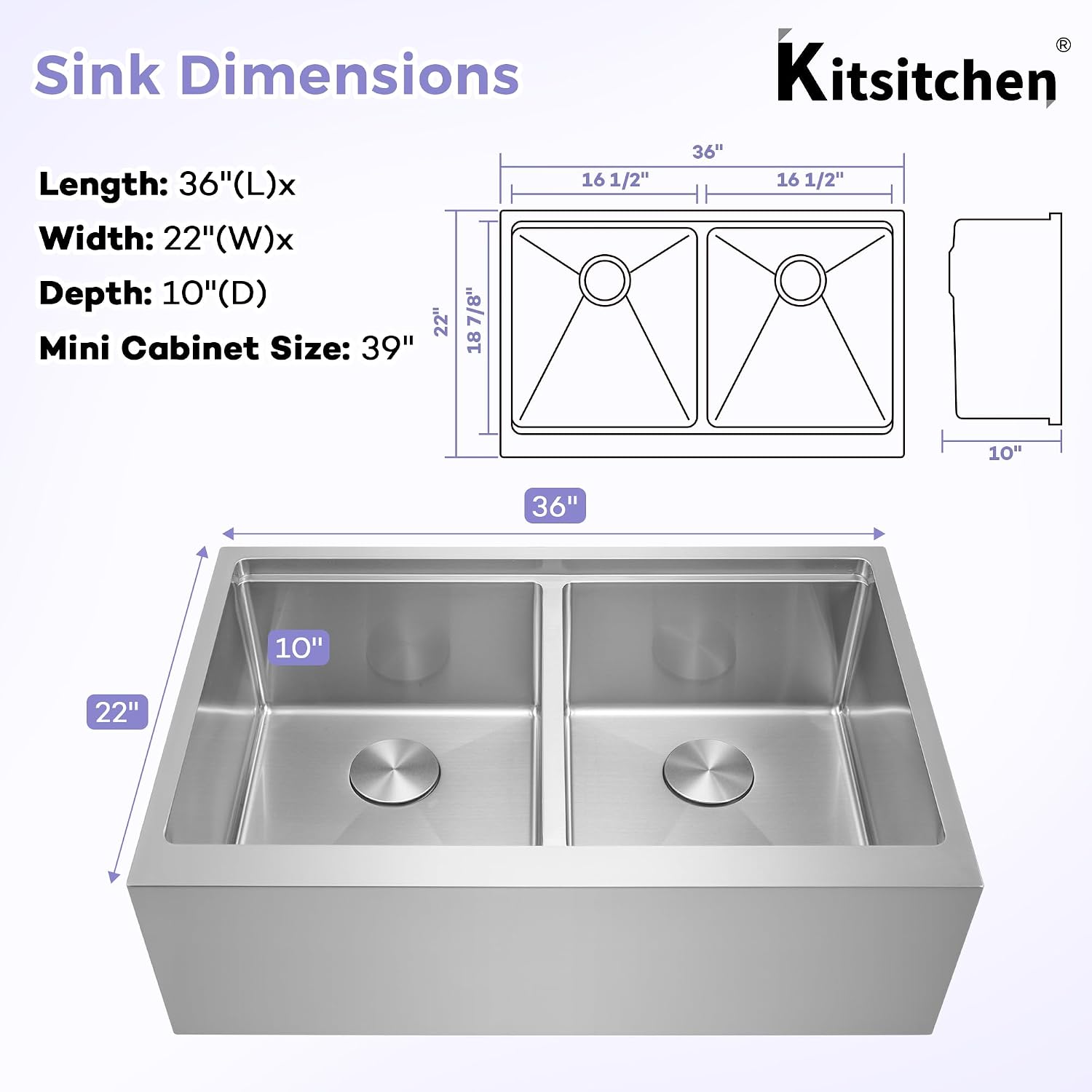 Kitsitchen Double Bowl Farmhouse Kitchen Sink, 16 Gauge 304S Stainless Steel Farm Sinks, 36'X 22' x 10' Large and Deep Workstation Kitchen Sinks with Accessories,50/50 Double Bowl Feature