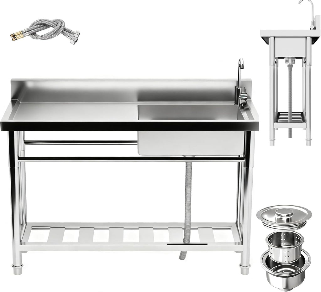 304 Stainless Steel Commercial Triple Bowl Sinks with 20' L x 13' W x 8' D Bowl, 47.3 inch Free Standing Sink Station, Restaurant Sink for Home Bar Restaurant Loading 286 Lbs