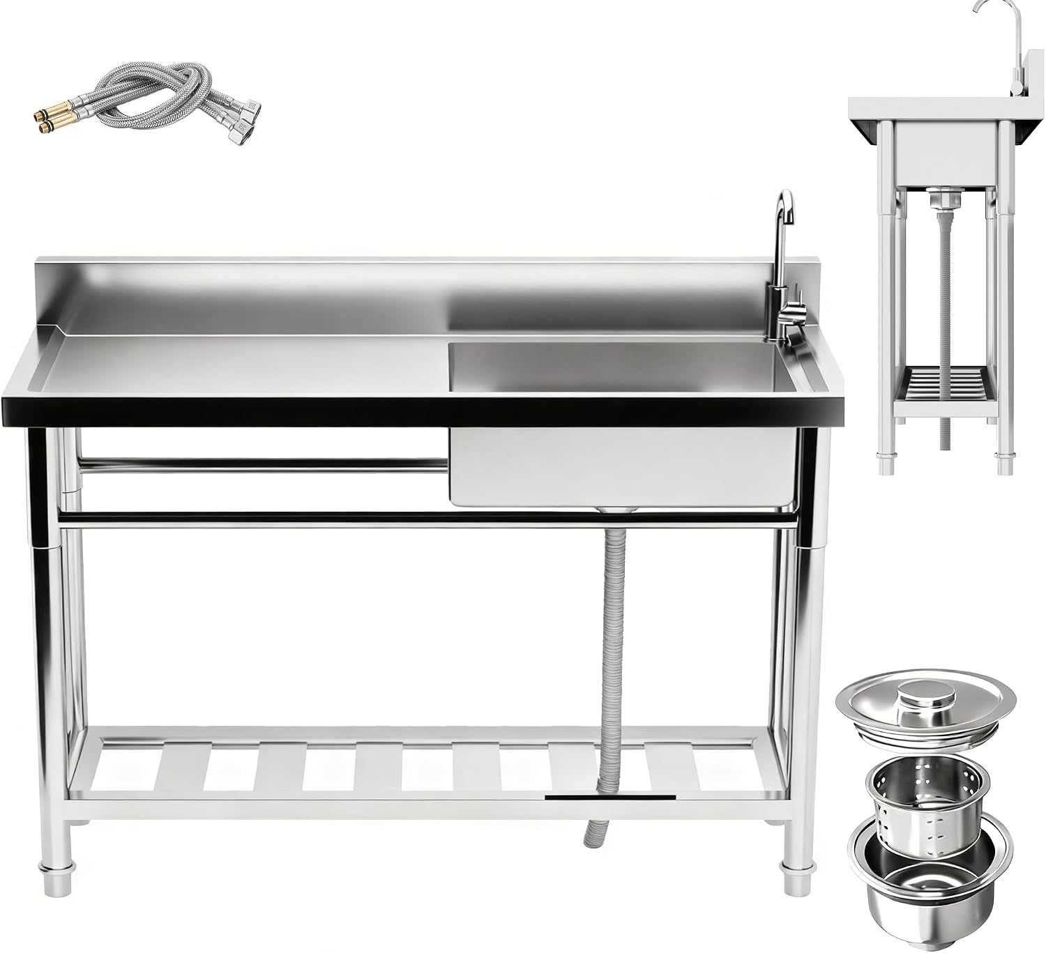 304 Stainless Steel Commercial Triple Bowl Sinks with 20' L x 13' W x 8' D Bowl, 47.3 inch Free Standing Sink Station, Restaurant Sink for Home Bar Restaurant Loading 286 Lbs