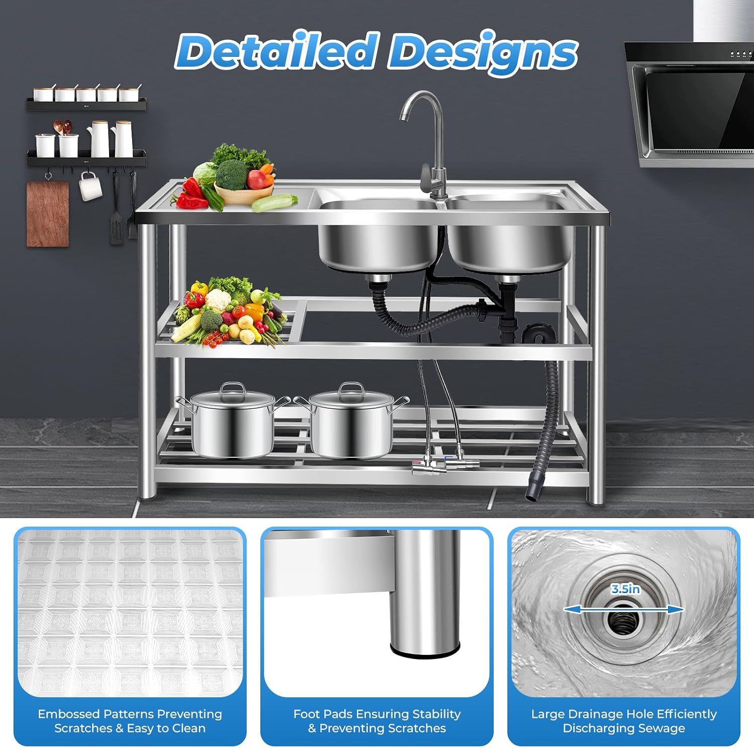 Stainless Steel Utility Sink with Hot & Cold Water Faucet, Freestanding Double Bowl Commercial Sink Set, Outdoor Utility Sink for Kitchen Restaurant Garage(47.2x17.5x31.5in)