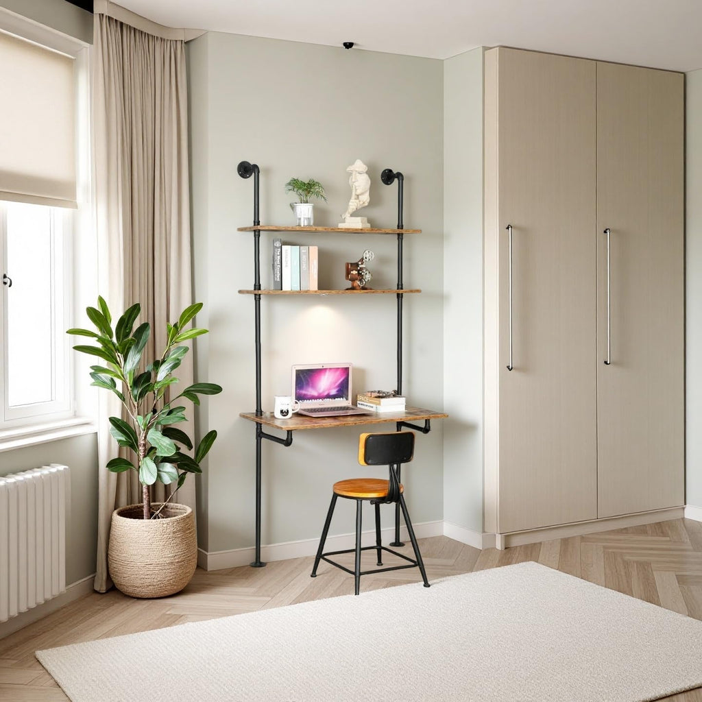 ZIOTHUM Wall Mounted Desk with Shelves, Industrial Ladder Style Floating Desk for Small Spaces, Computer Table with Storage Shelves, Rustic Pipe Bookcase for Bedroom(36x20x81in)